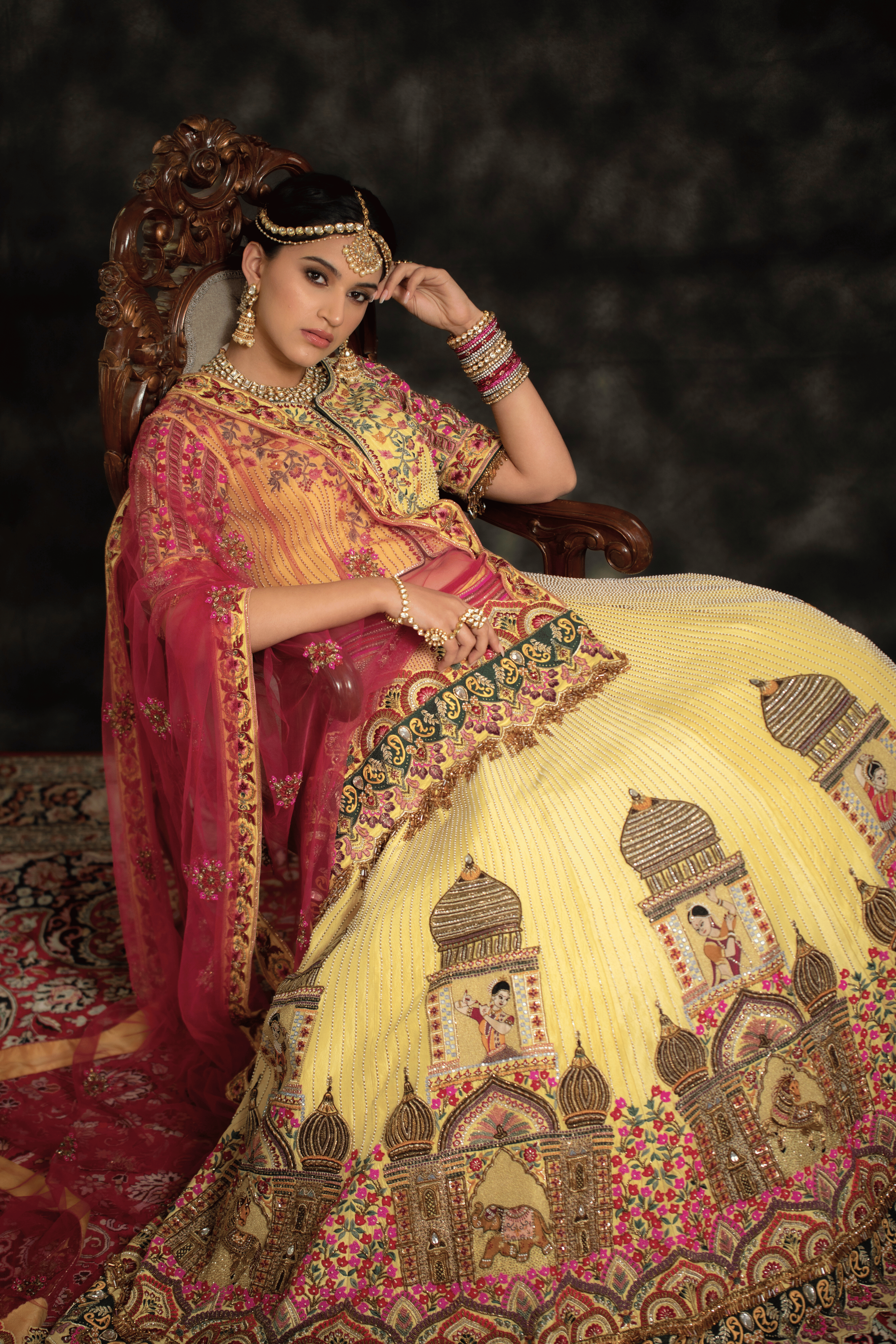 Royal Mustard Yellow & Pink Jharokha Bridal Lehenga
