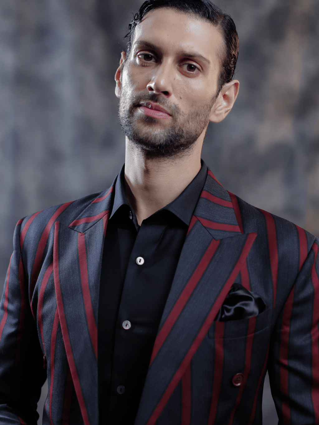Black & Burgundy Striped Suit - Achin Bindlish