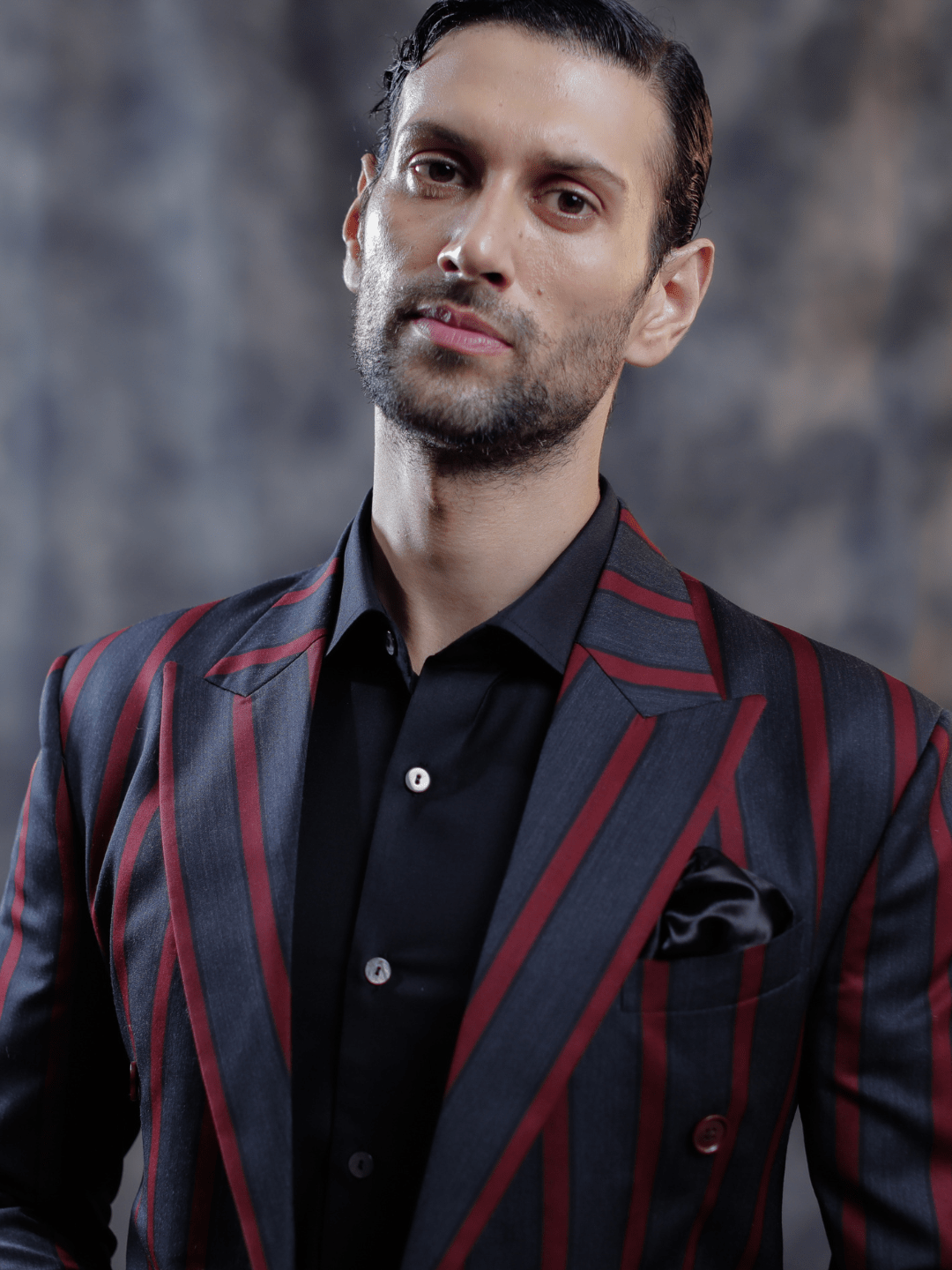 Black & Burgundy Striped Suit - Achin Bindlish