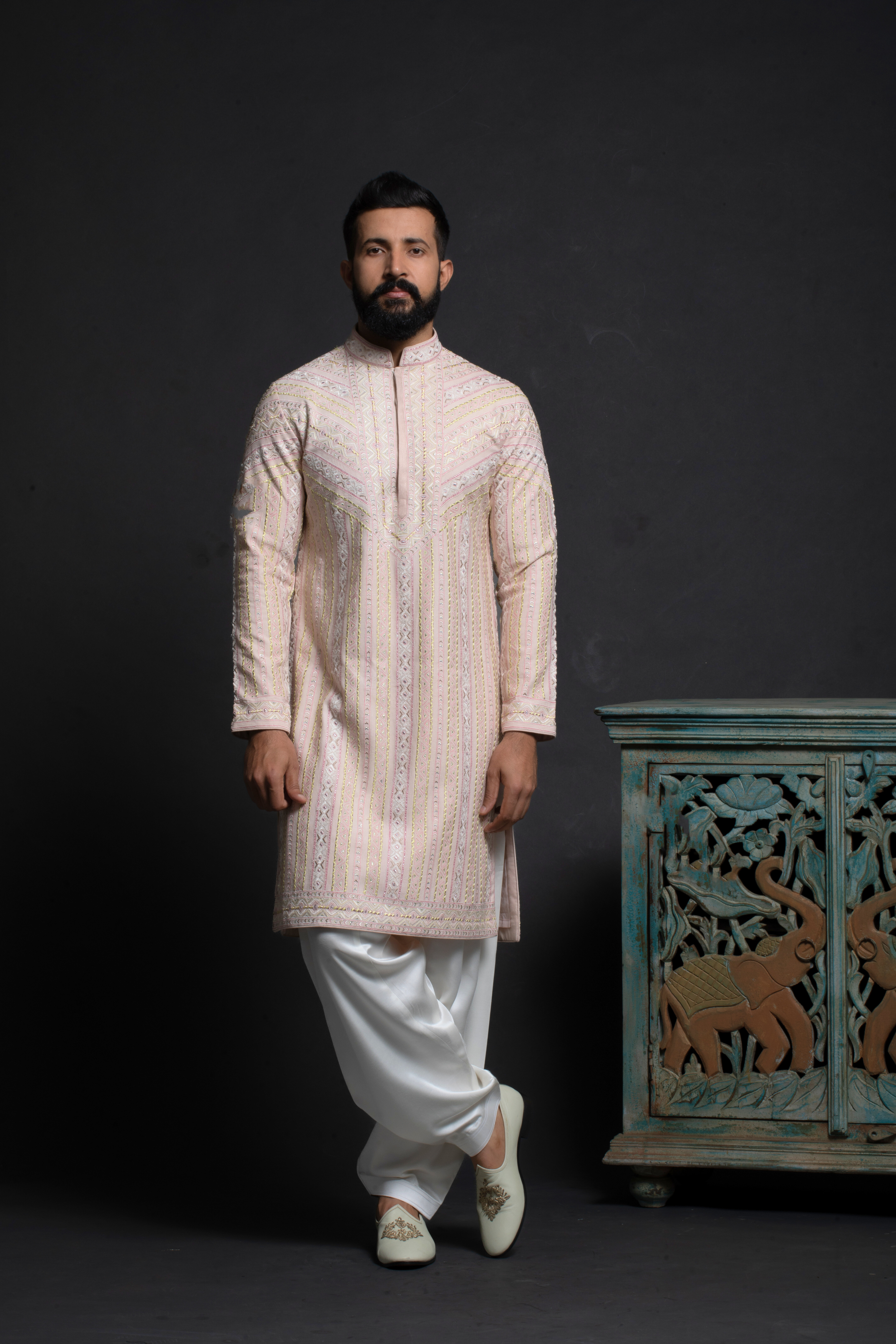 Pastel Ivory-Pink Linear Embroidered Kurta Set