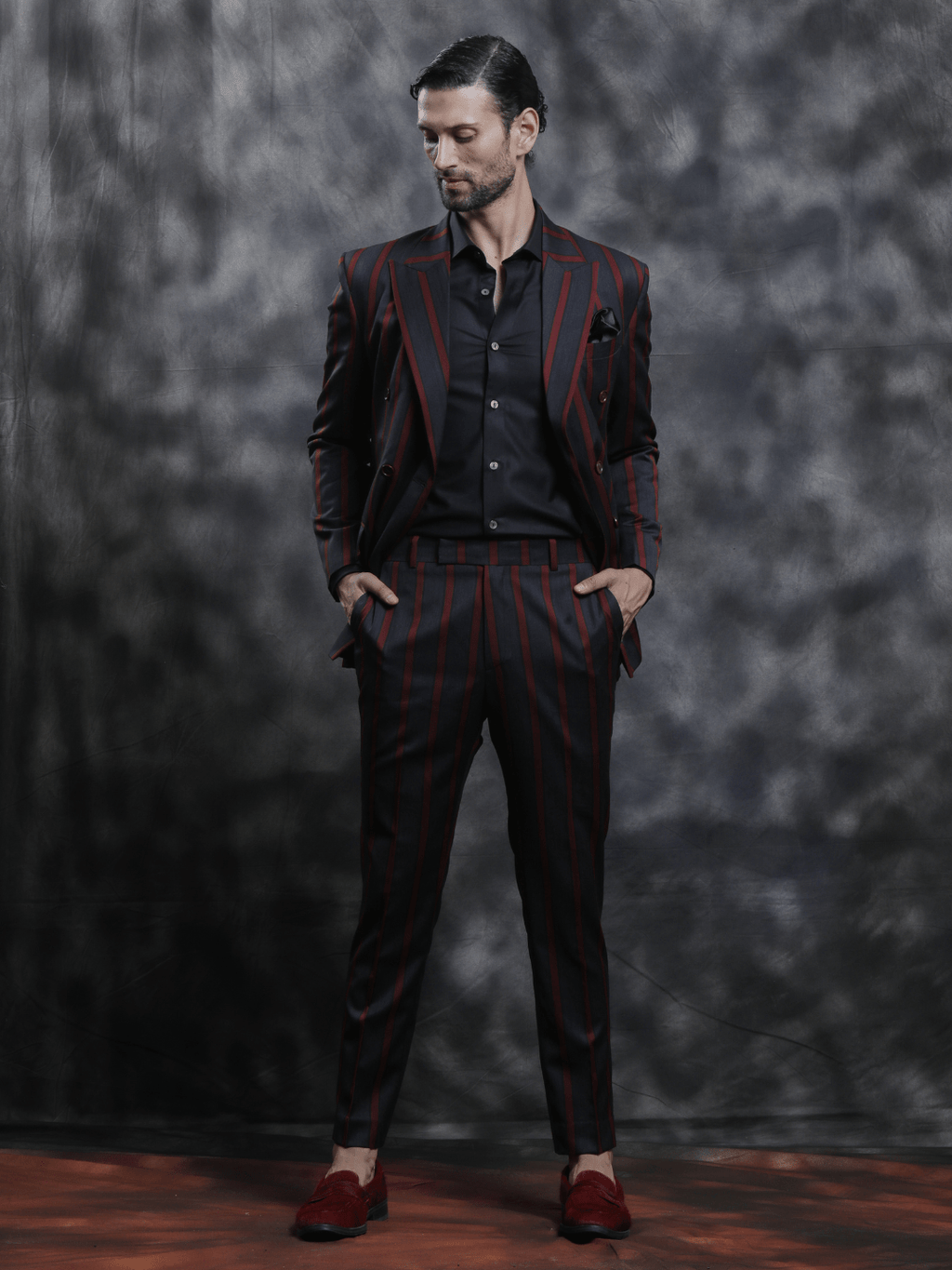 Black & Burgundy Striped Suit - Achin Bindlish