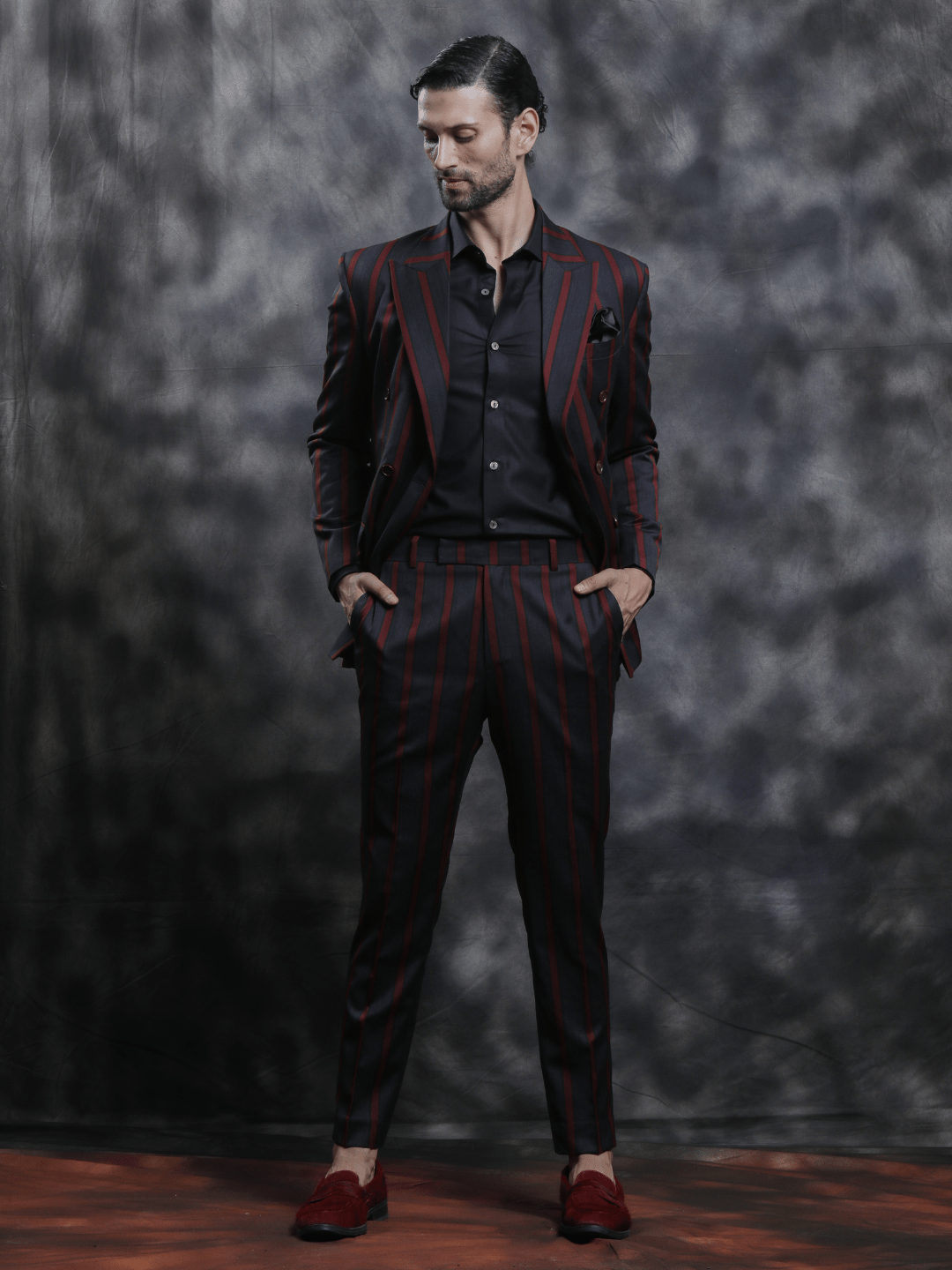 Black & Burgundy Striped Suit - Achin Bindlish
