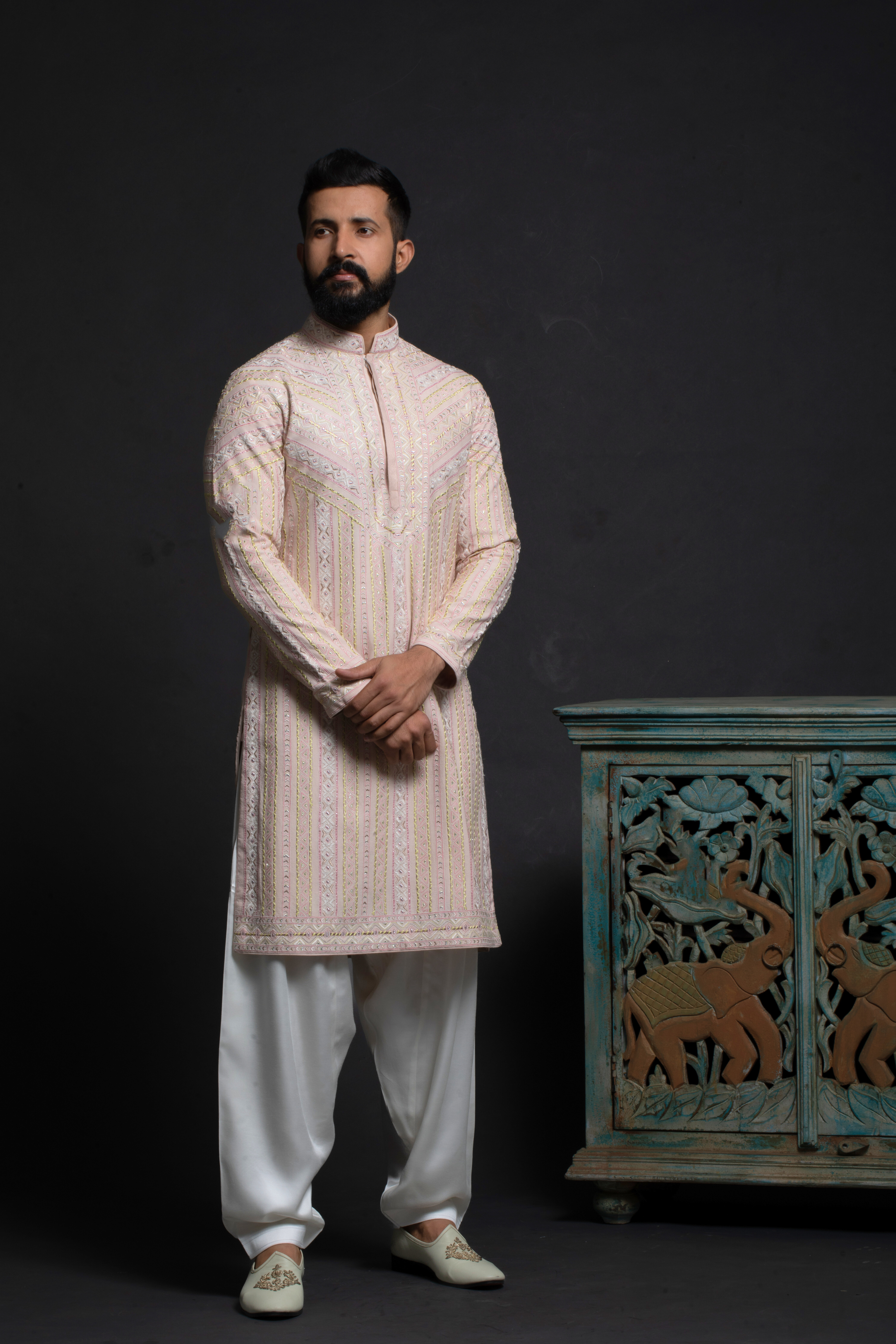 Pastel Ivory-Pink Linear Embroidered Kurta Set