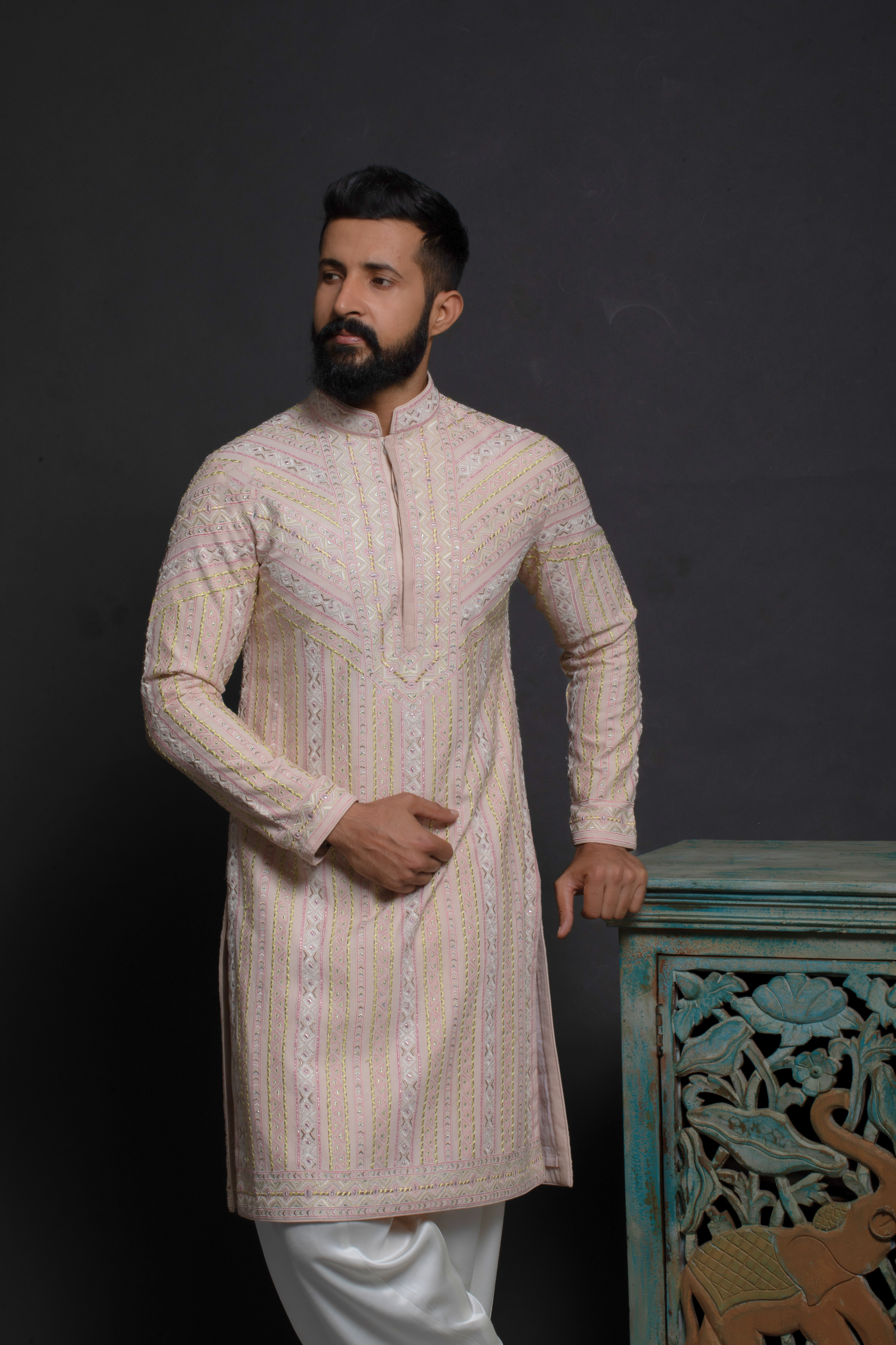 Pastel Ivory-Pink Linear Embroidered Kurta Set