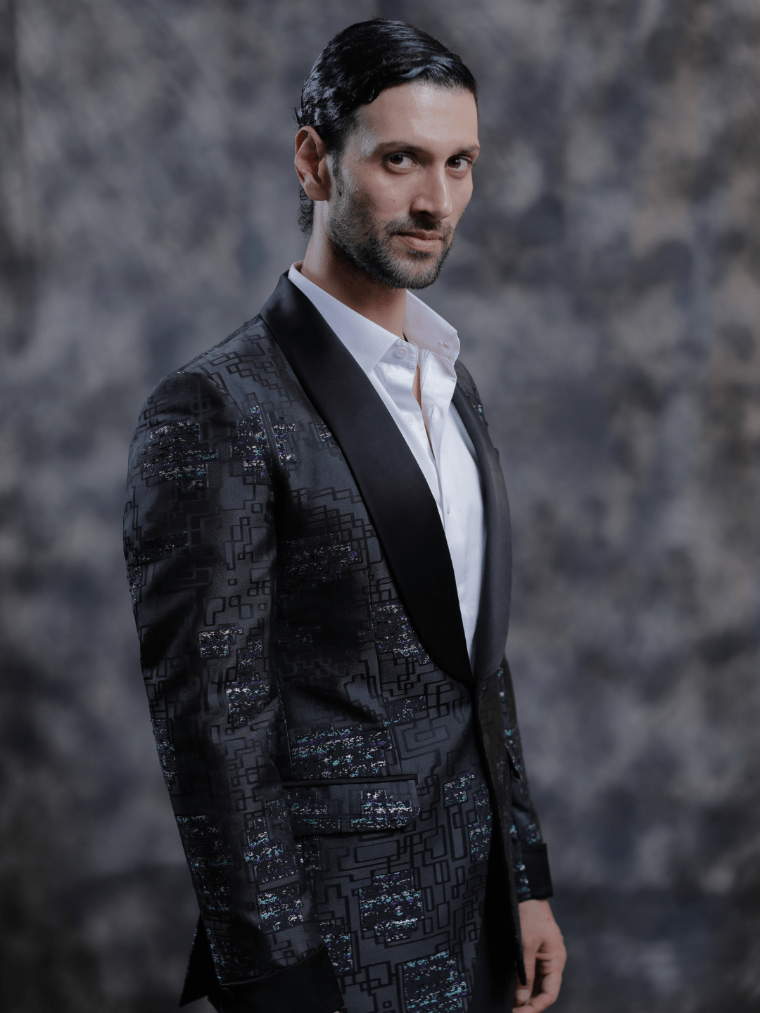 Black Satin Lapel Tuxedo - Achin Bindlish