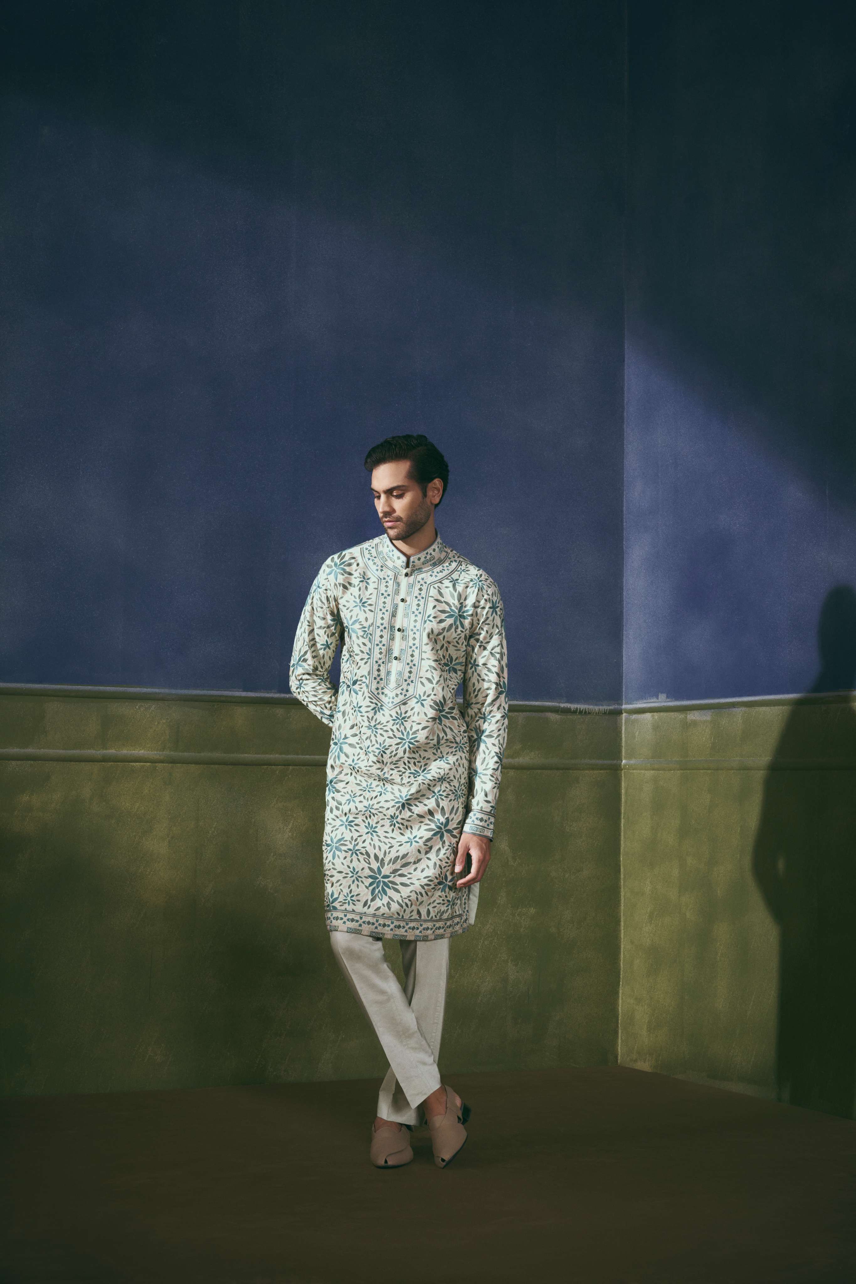 Mint Floral Aari Embroidered Kurta for Men