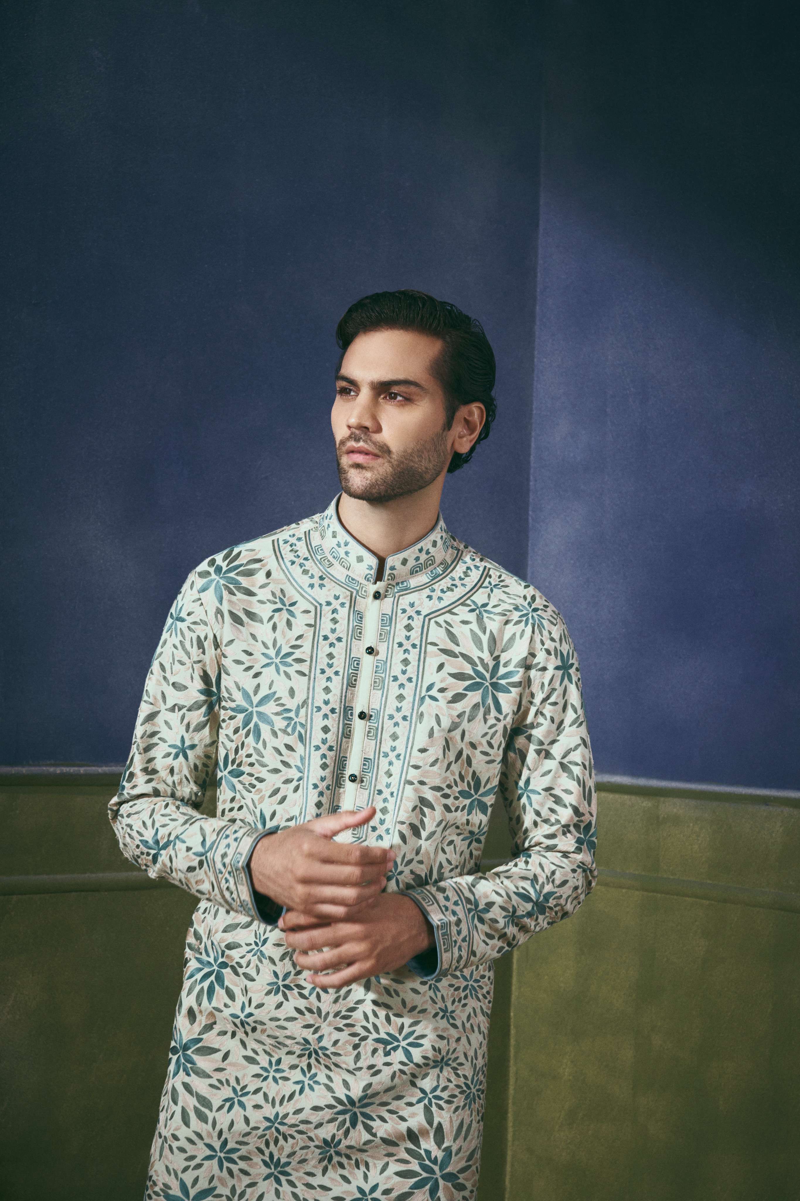 Mint Floral Aari Embroidered Kurta for Men