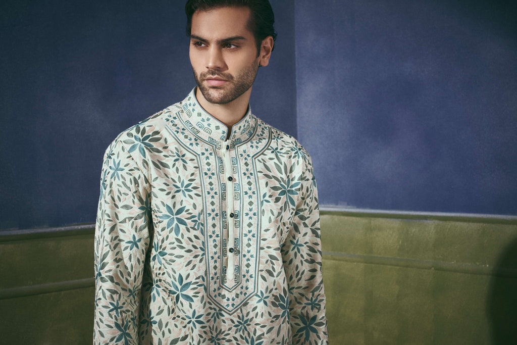 Mint Floral Aari Embroidered Kurta for Men