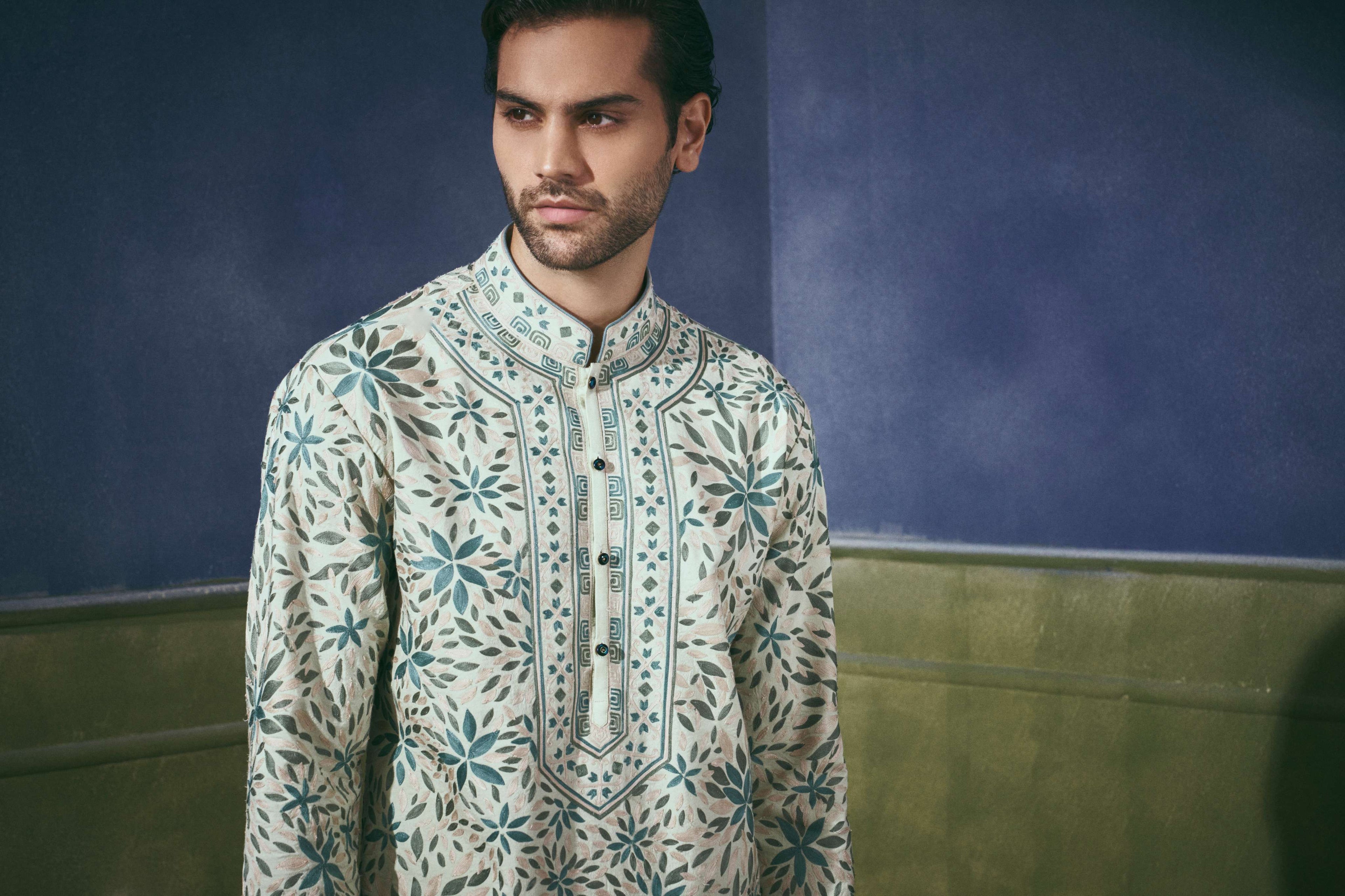 Mint Floral Aari Embroidered Kurta for Men