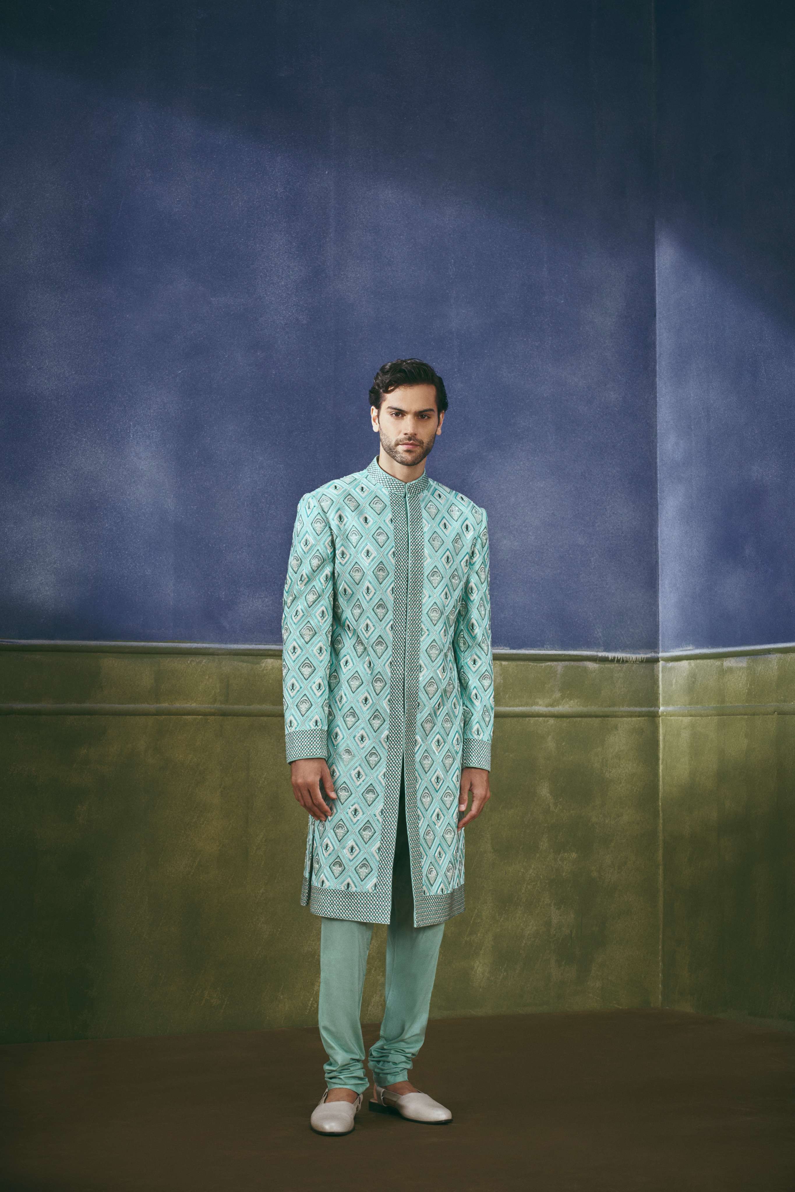 Aqua Diamond Lattice Sherwani Set