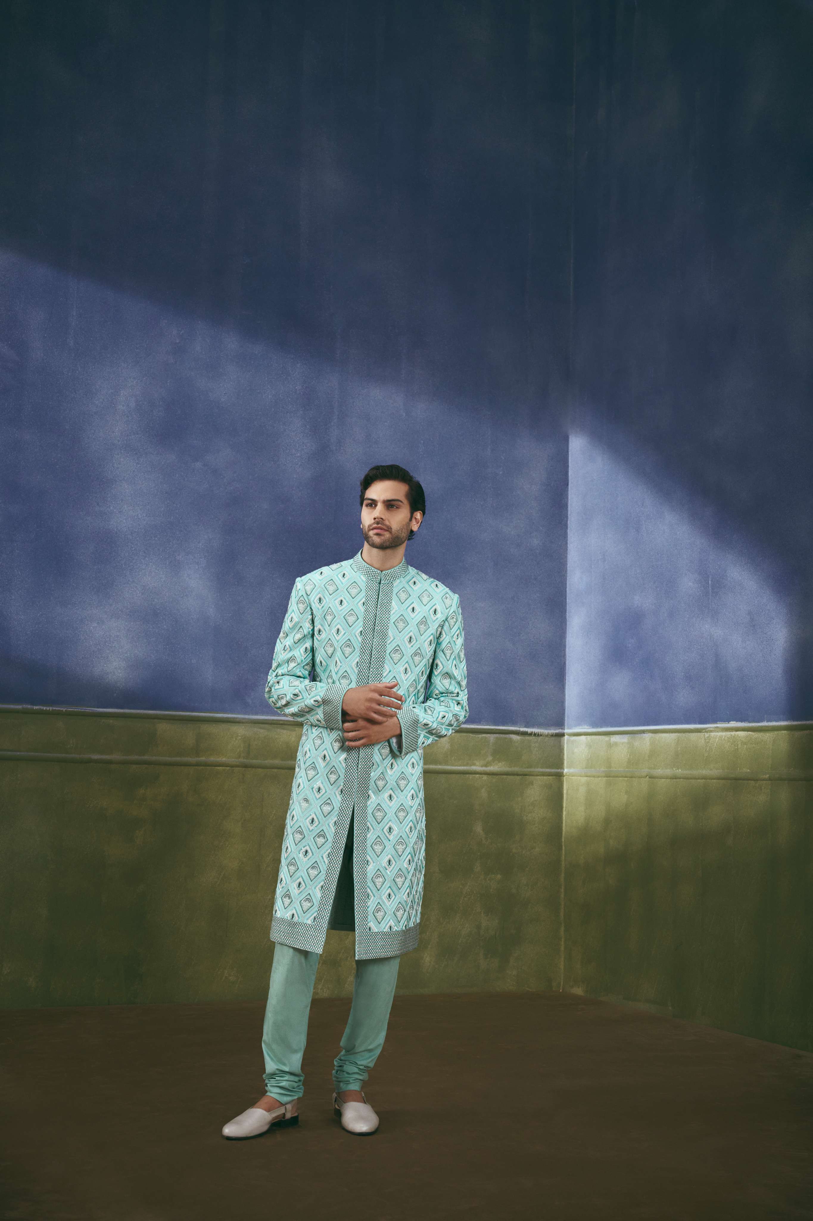 Aqua Diamond Lattice Sherwani Set