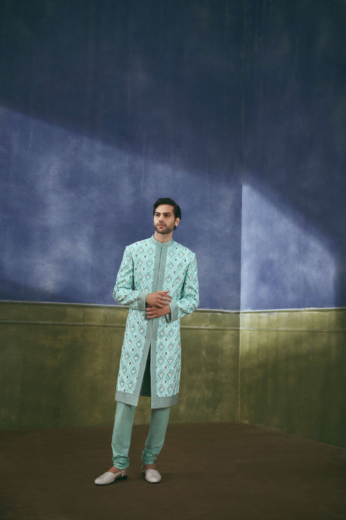 Aqua Diamond Lattice Sherwani Set – Achin Bindlish – view 2
