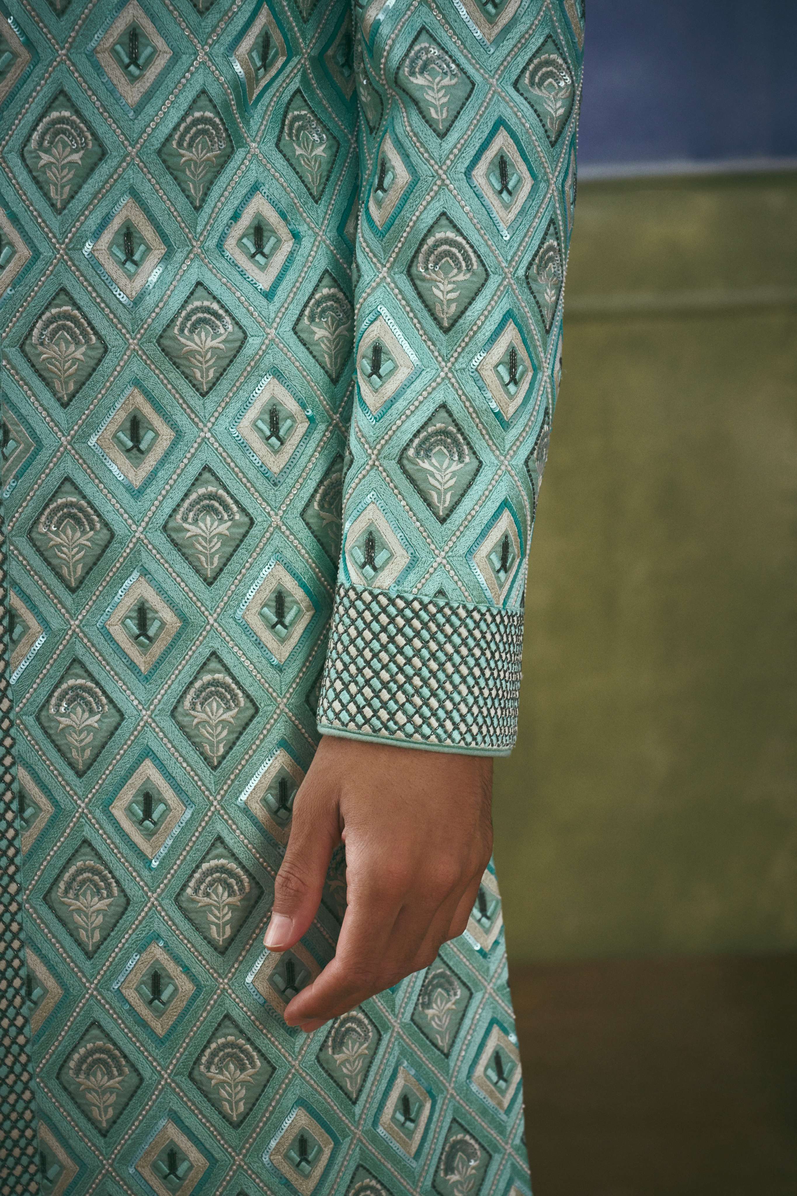 Aqua Diamond Lattice Sherwani Set