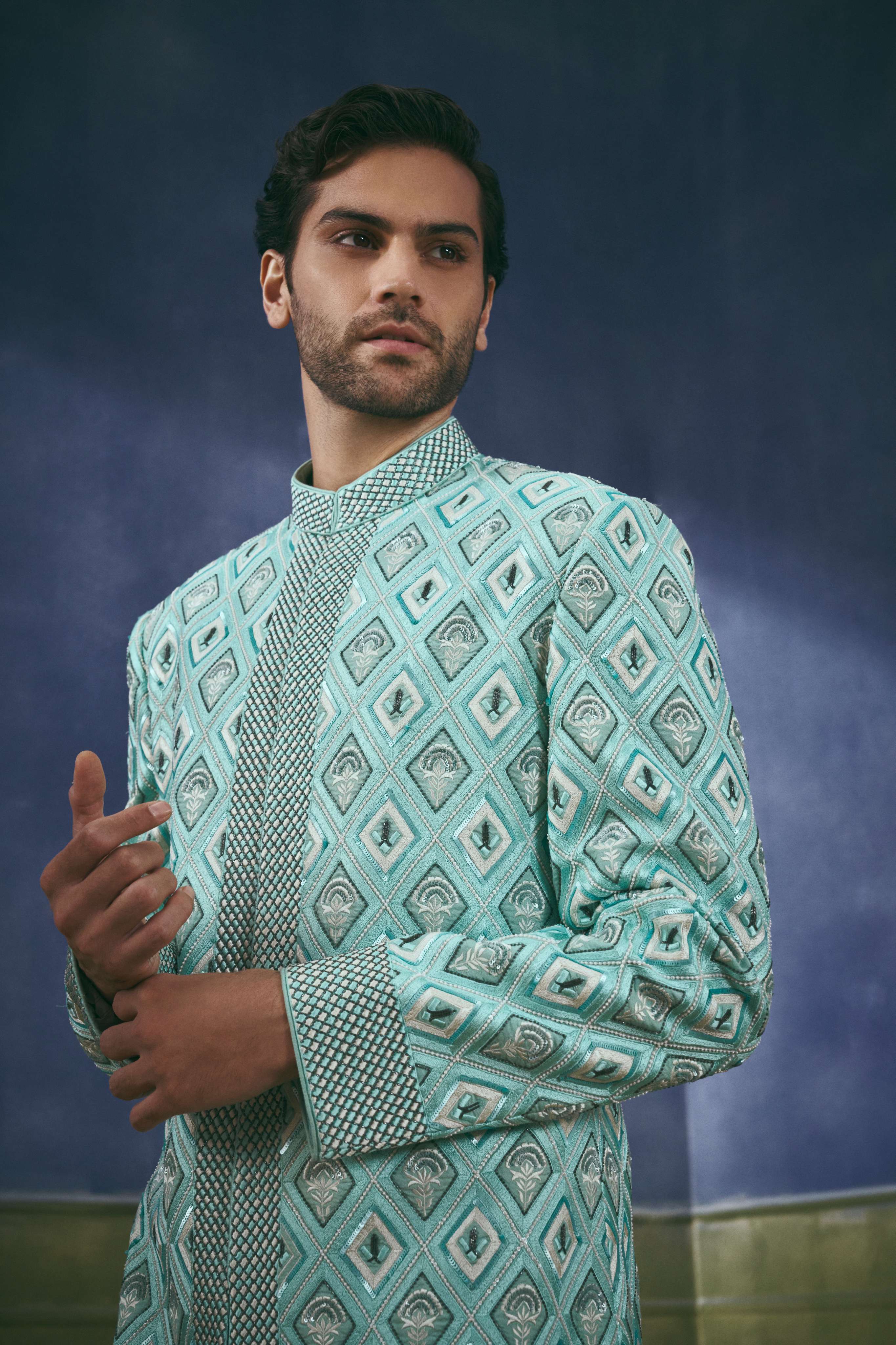 Aqua Diamond Lattice Sherwani Set