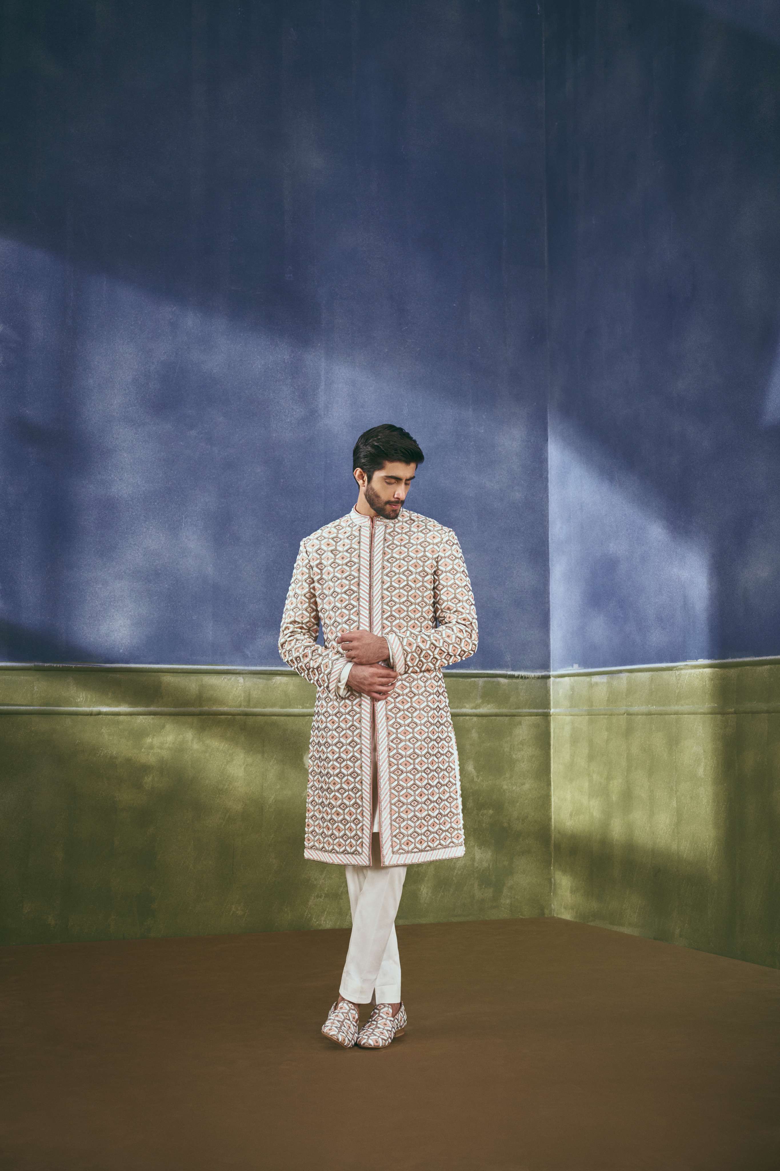 Coral Lattice Embellished Sherwani Set
