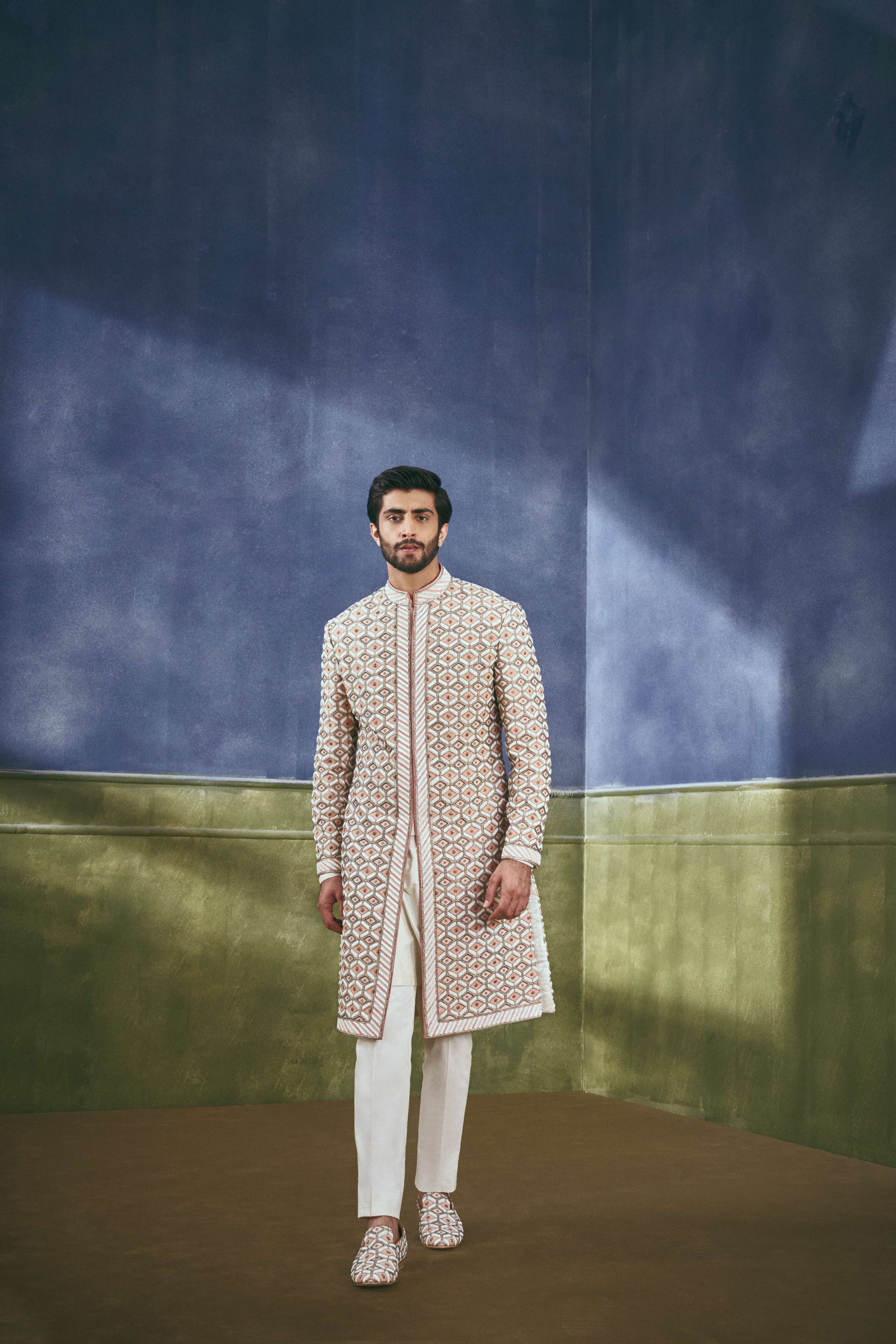 Coral Lattice Embellished Sherwani Set