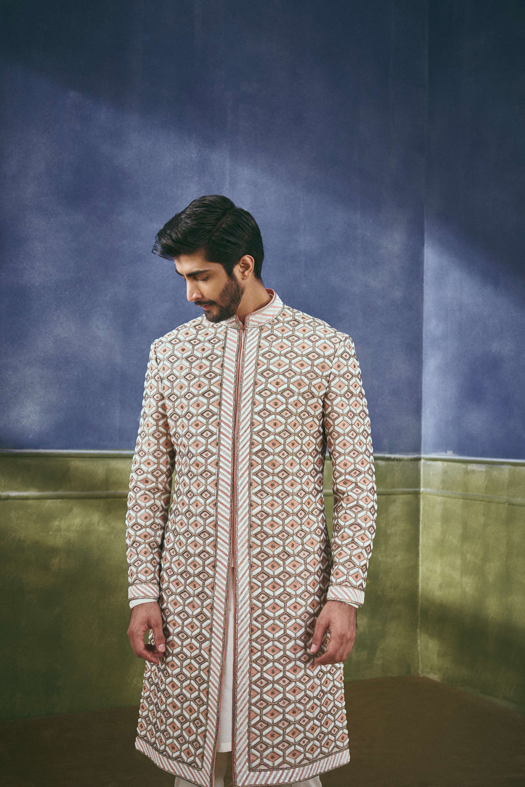 Coral Lattice Embellished Sherwani Set