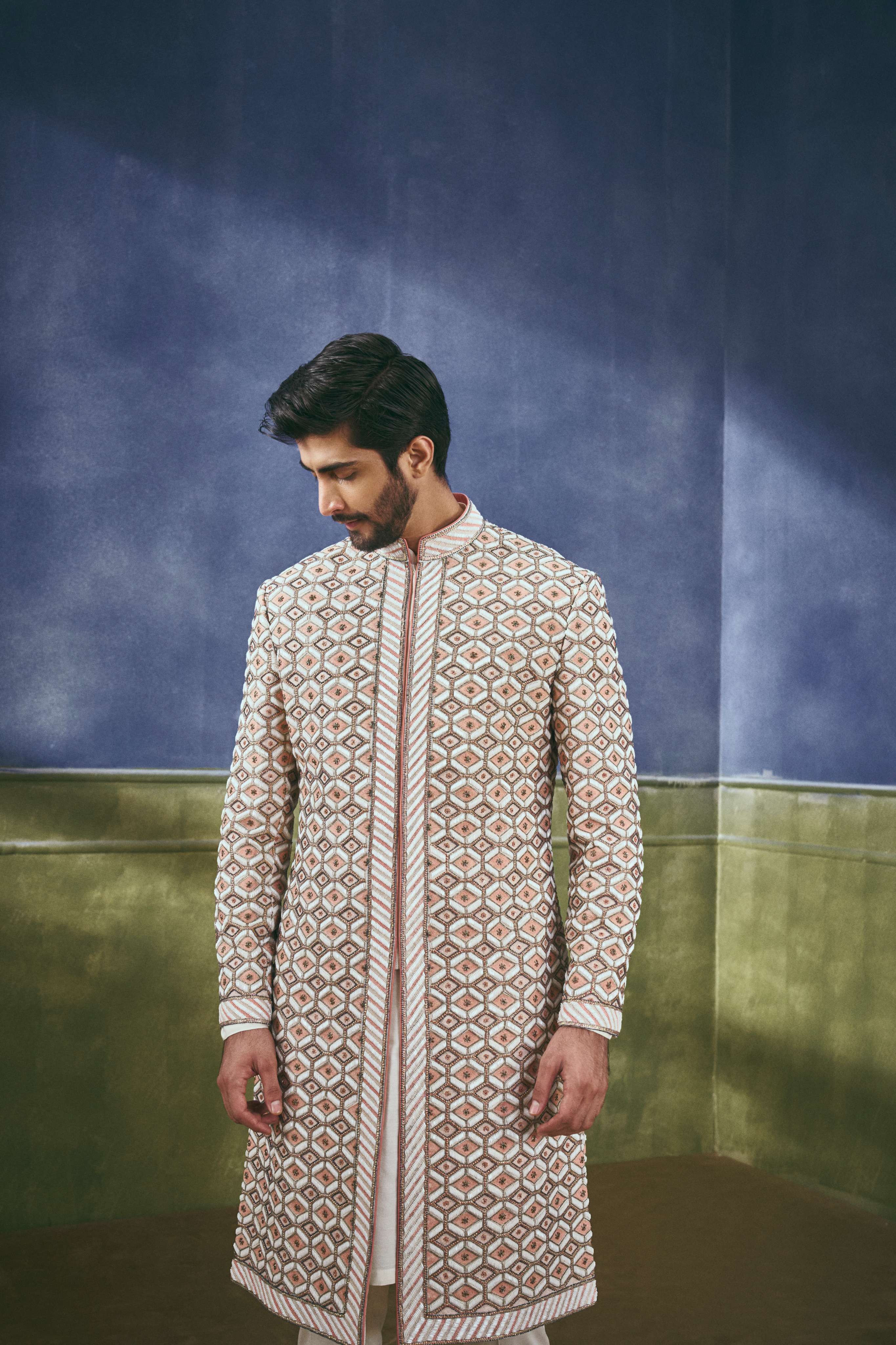 Coral Lattice Embellished Sherwani Set