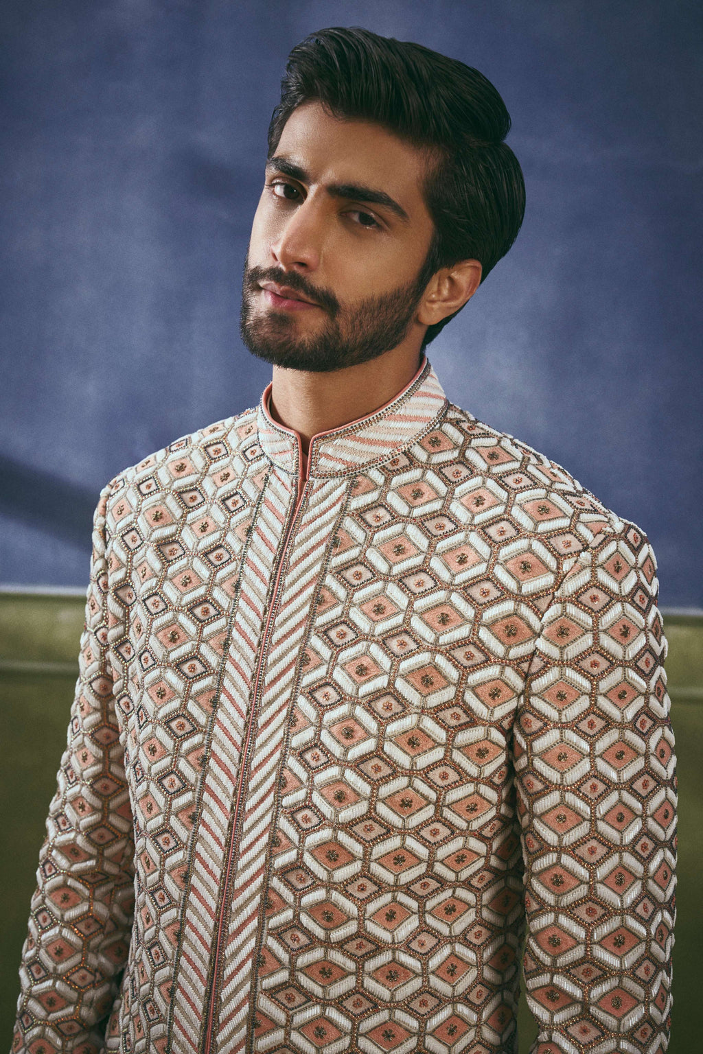 Coral Lattice Embellished Sherwani Set