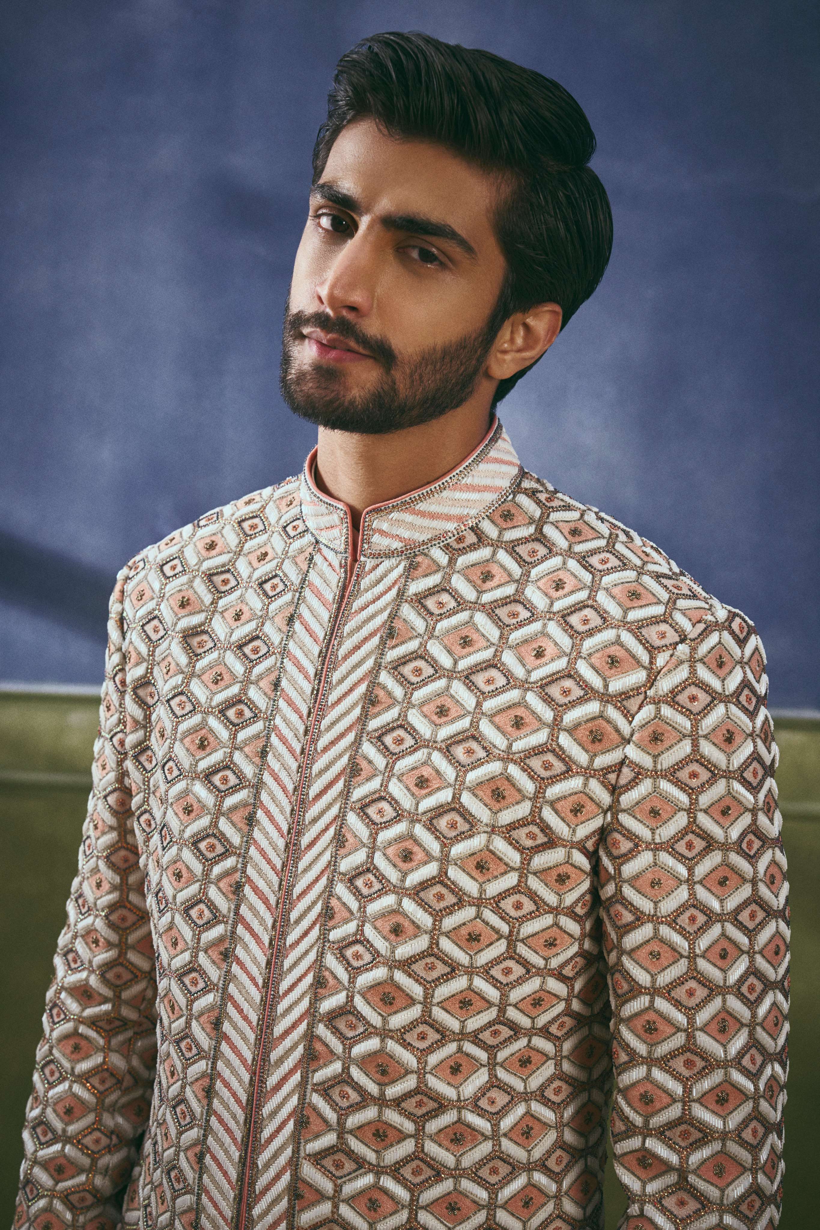 Coral Lattice Embellished Sherwani Set