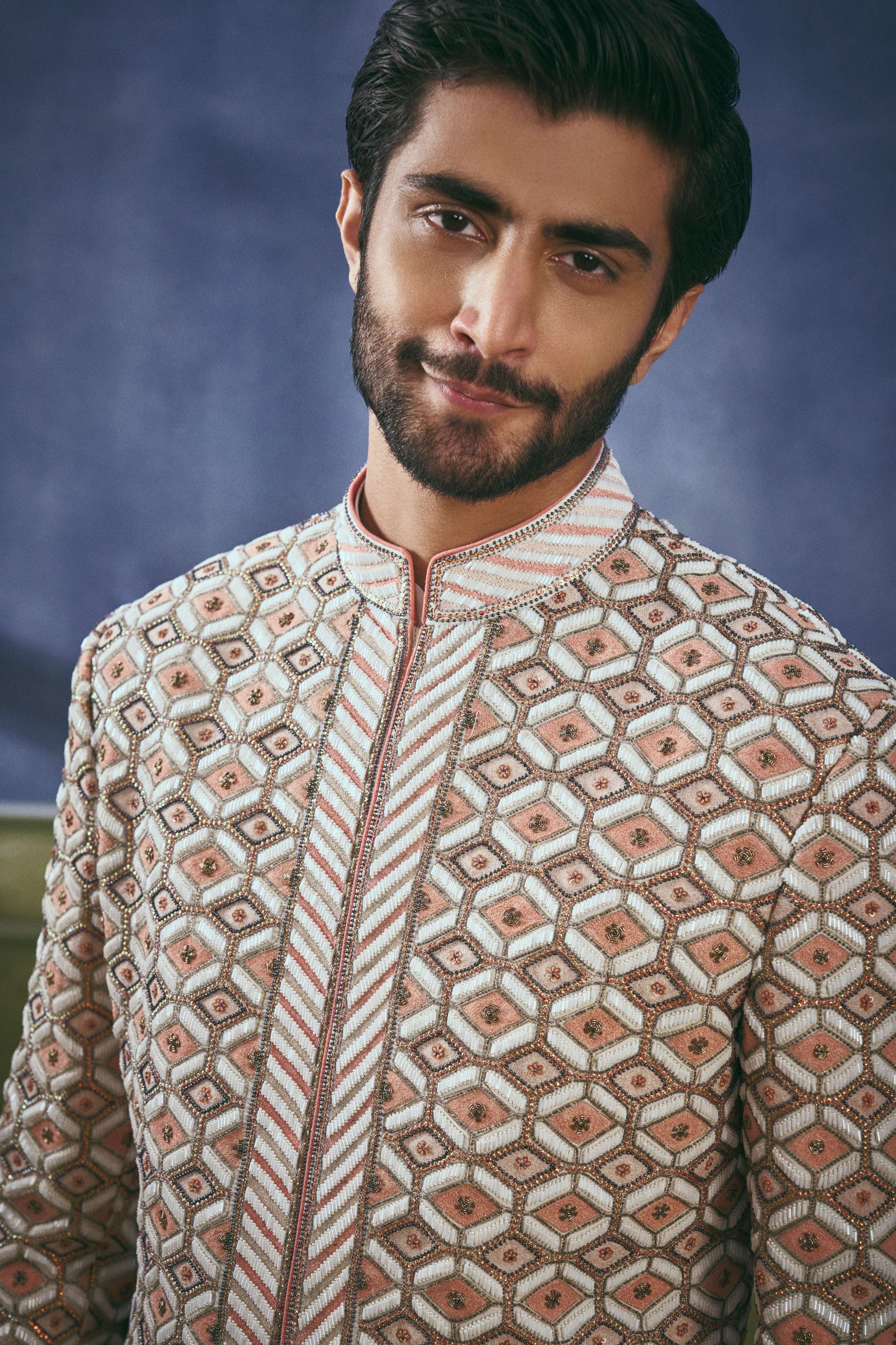 Coral Lattice Embellished Sherwani Set