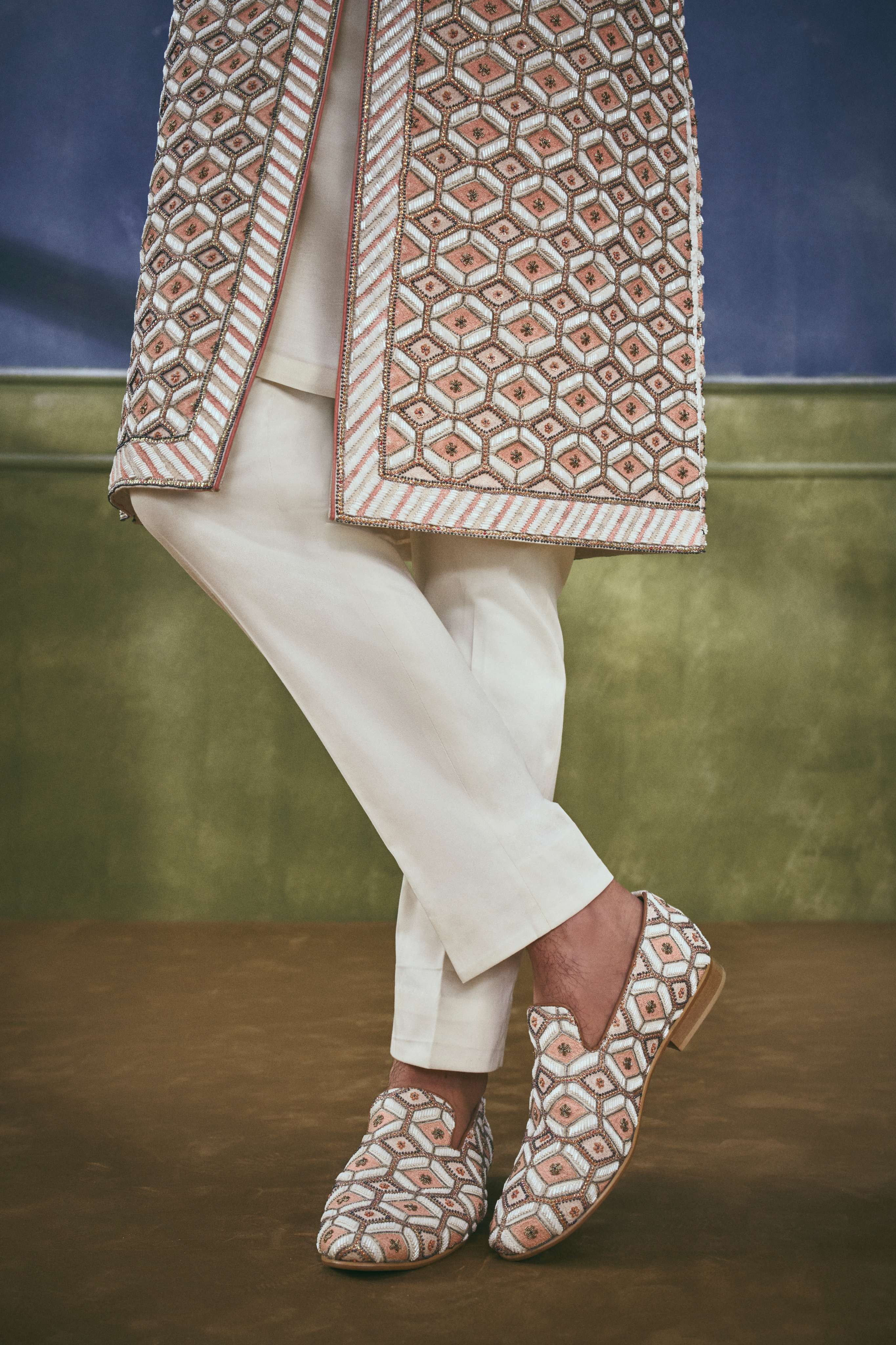 Coral Lattice Embellished Sherwani Set