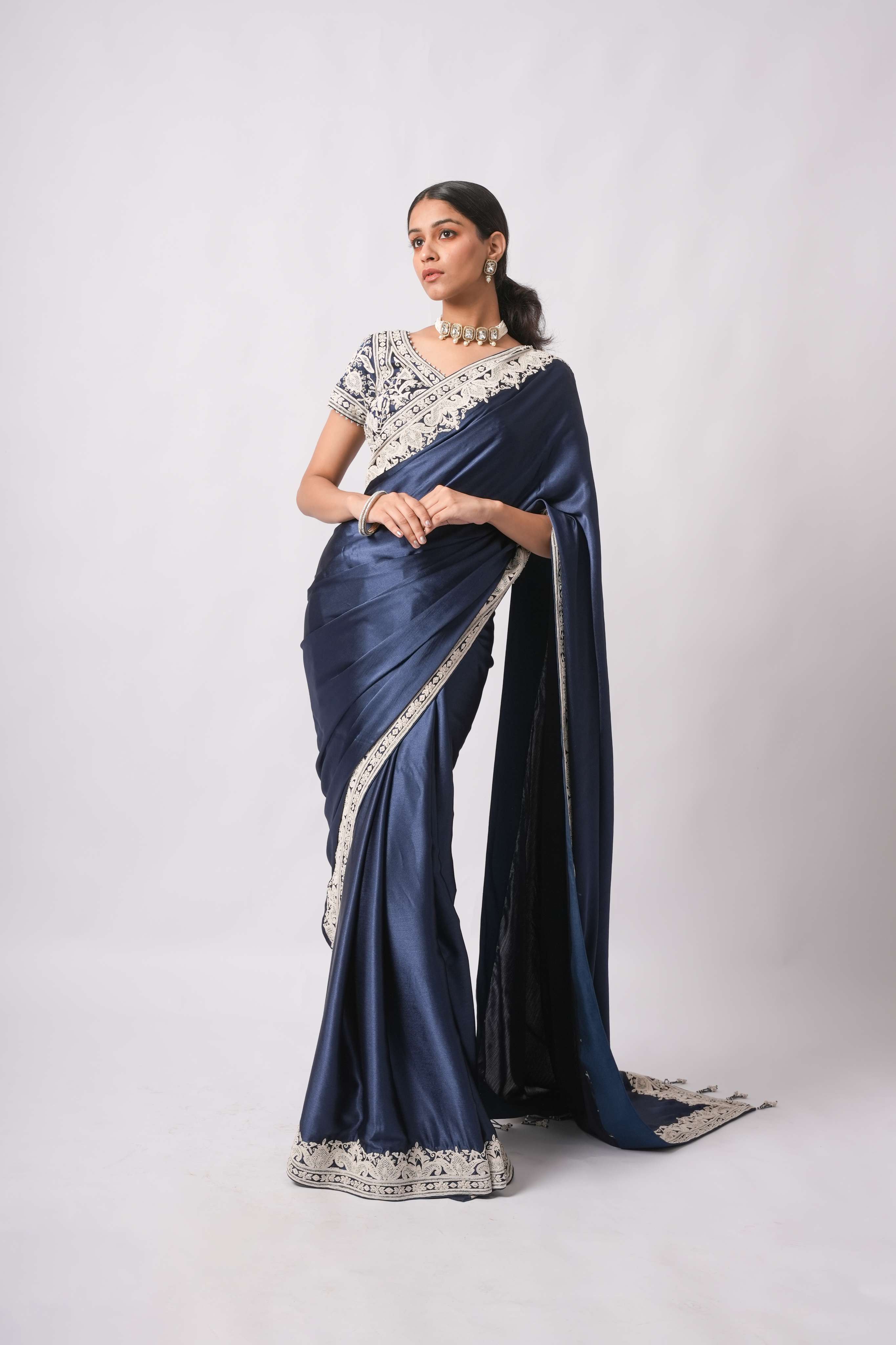 Midnight Navy Satin Silk Saree with Ivory Dori & Zardozi Hand-Embroidery
