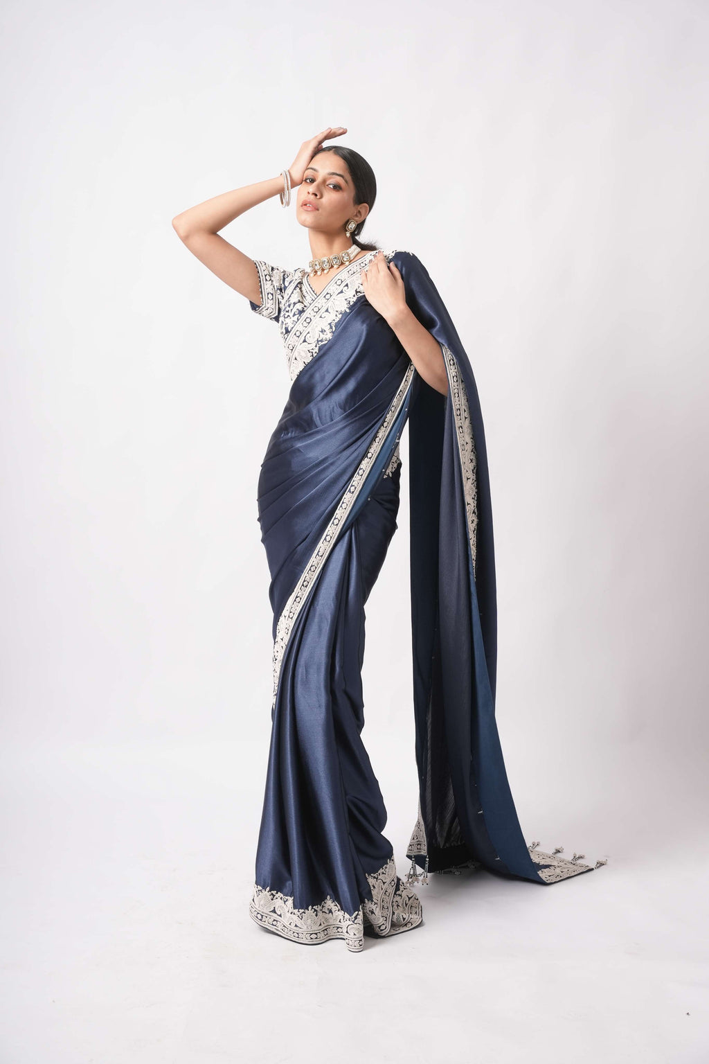 Midnight Navy Satin Silk Saree with Ivory Dori & Zardozi Hand-Embroidery