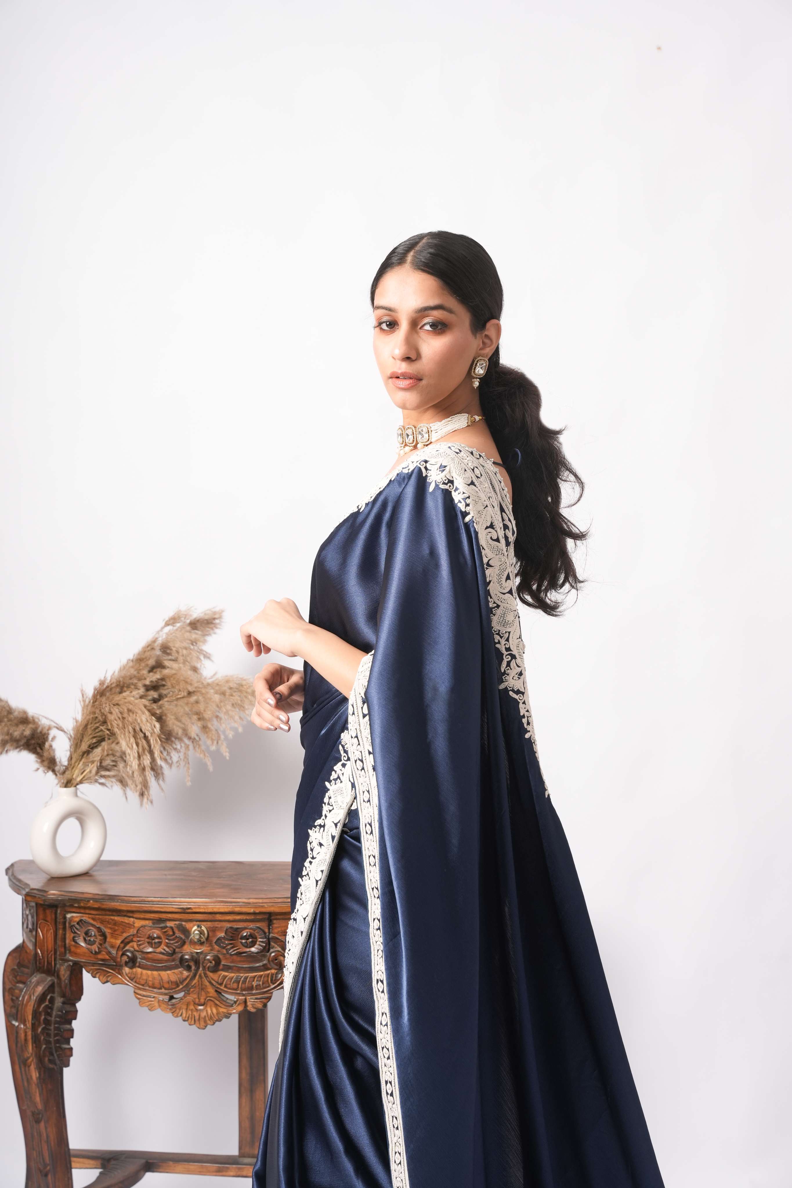 Midnight Navy Satin Silk Saree with Ivory Dori & Zardozi Hand-Embroidery