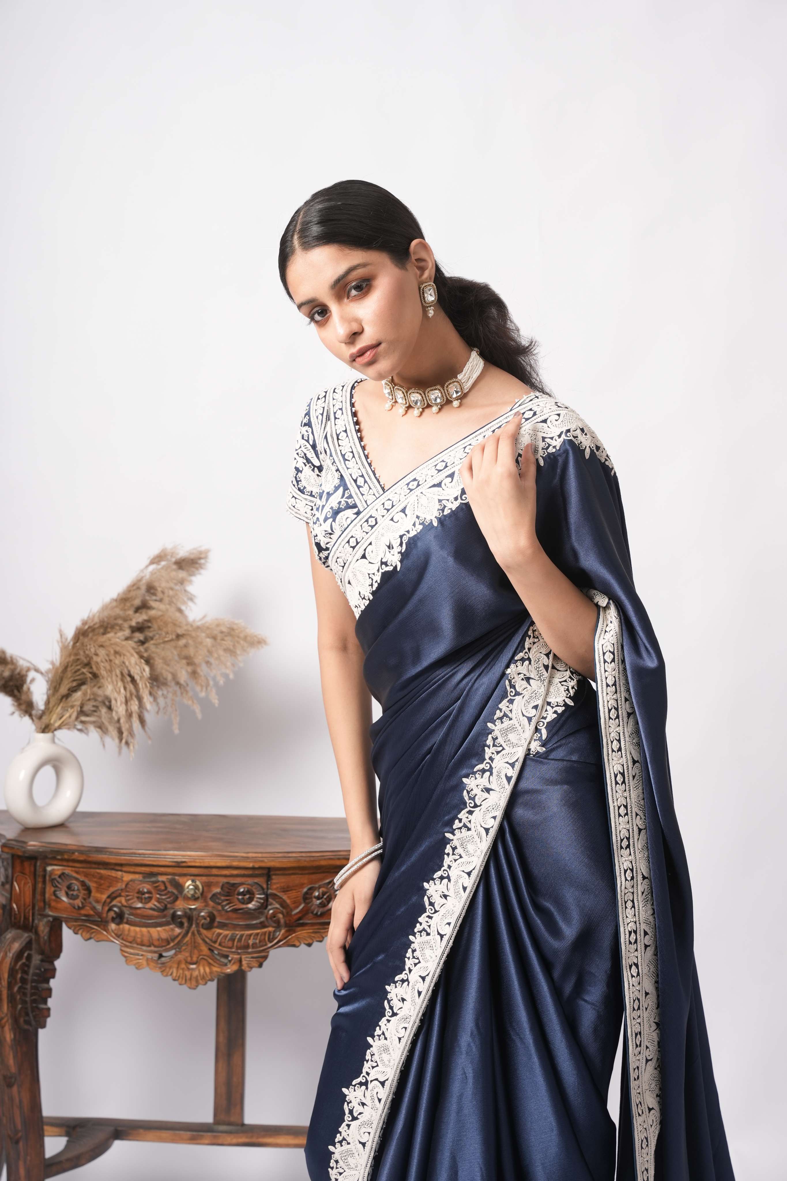 Midnight Navy Satin Silk Saree with Ivory Dori & Zardozi Hand-Embroidery