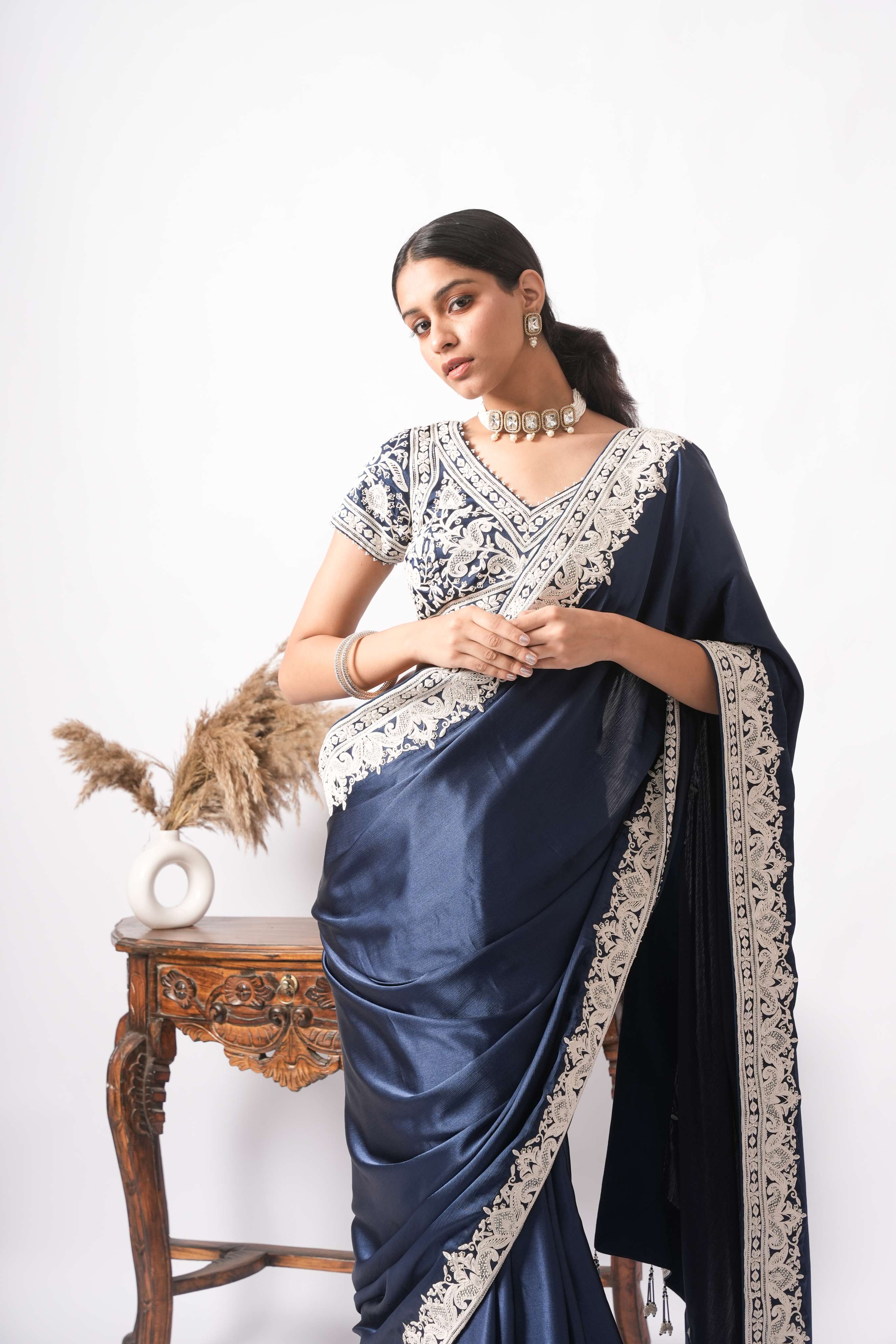 Midnight Navy Satin Silk Saree with Ivory Dori & Zardozi Hand-Embroidery