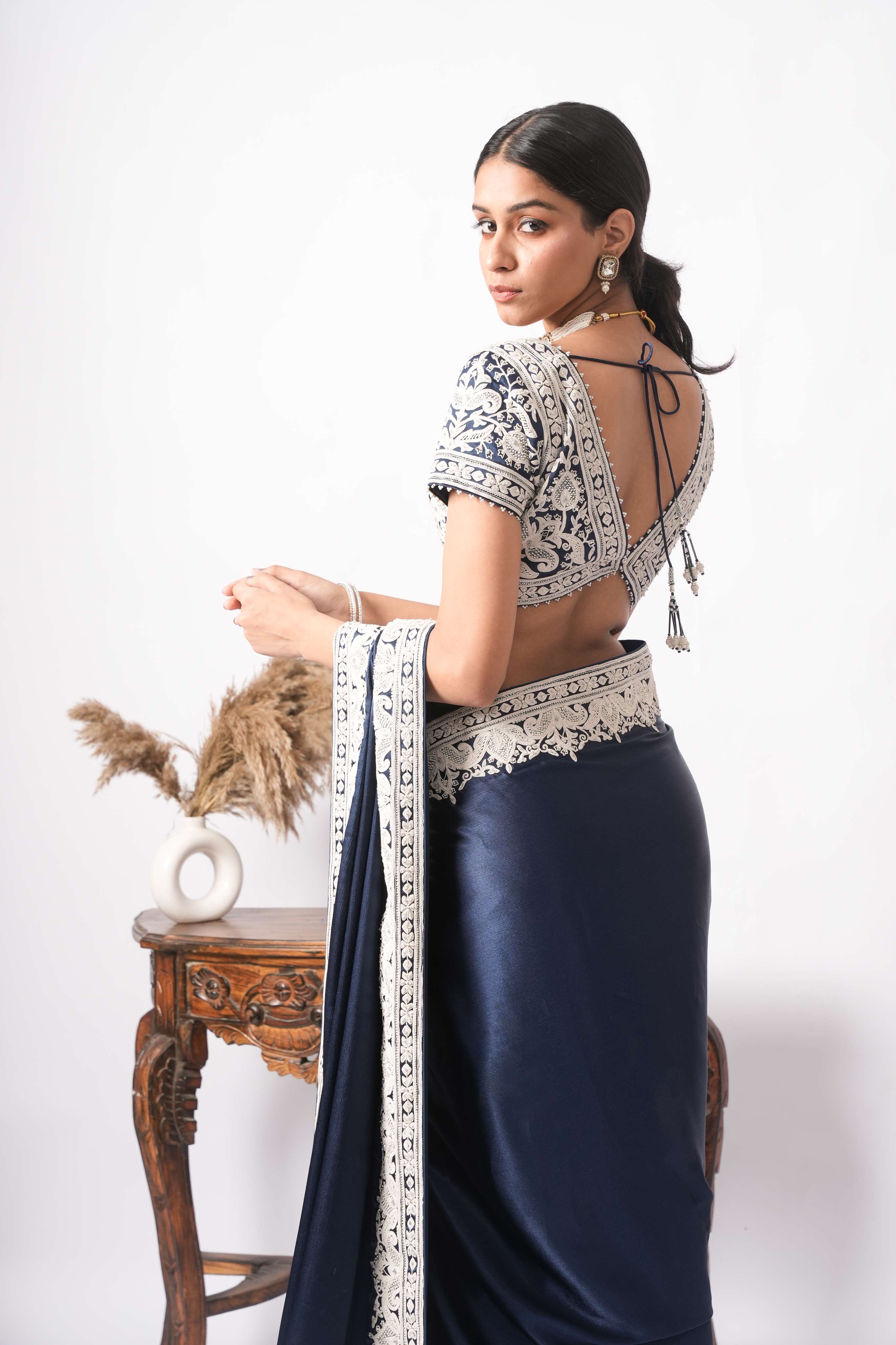Midnight Navy Satin Silk Saree with Ivory Dori & Zardozi Hand-Embroidery