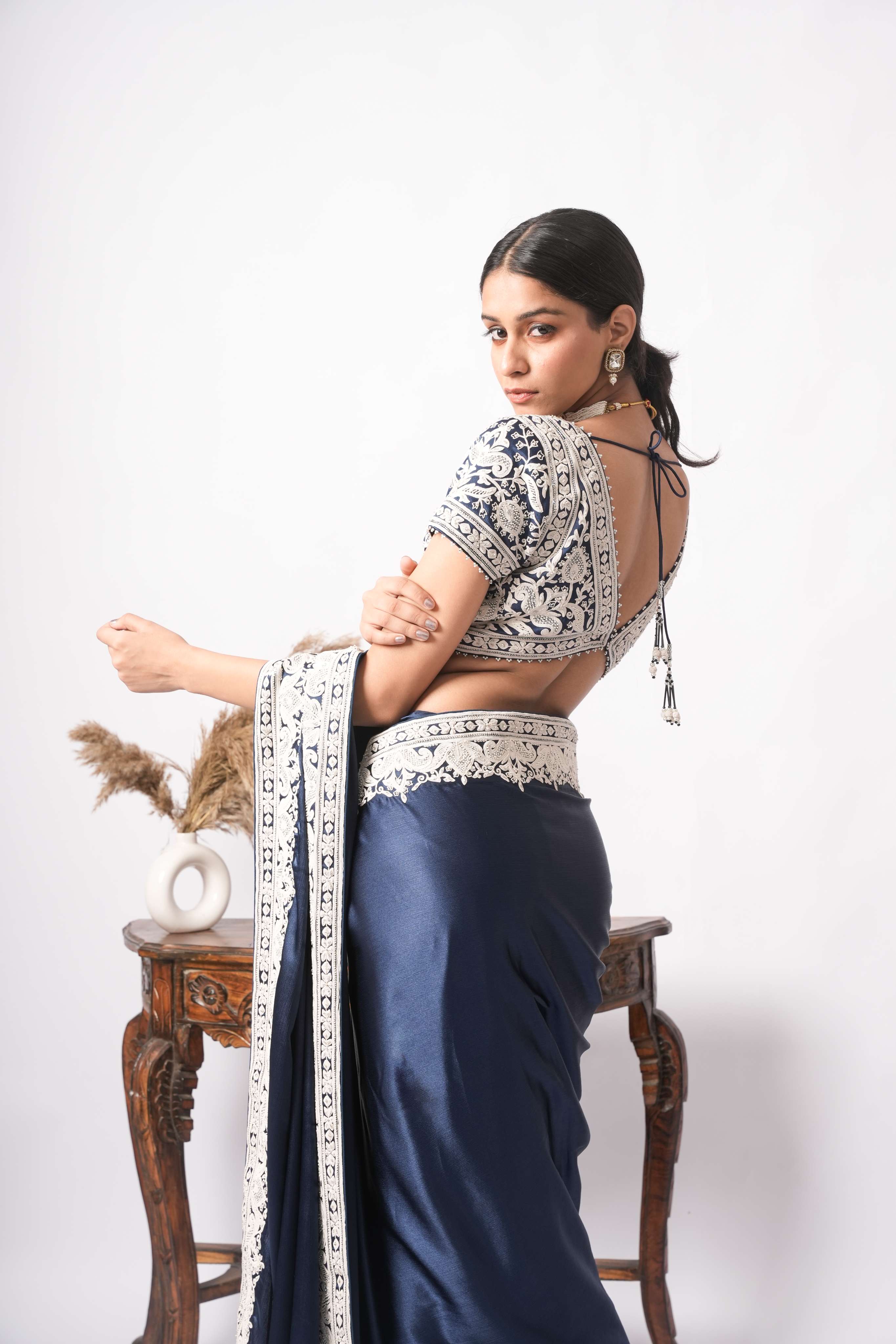 Midnight Navy Satin Silk Saree with Ivory Dori & Zardozi Hand-Embroidery