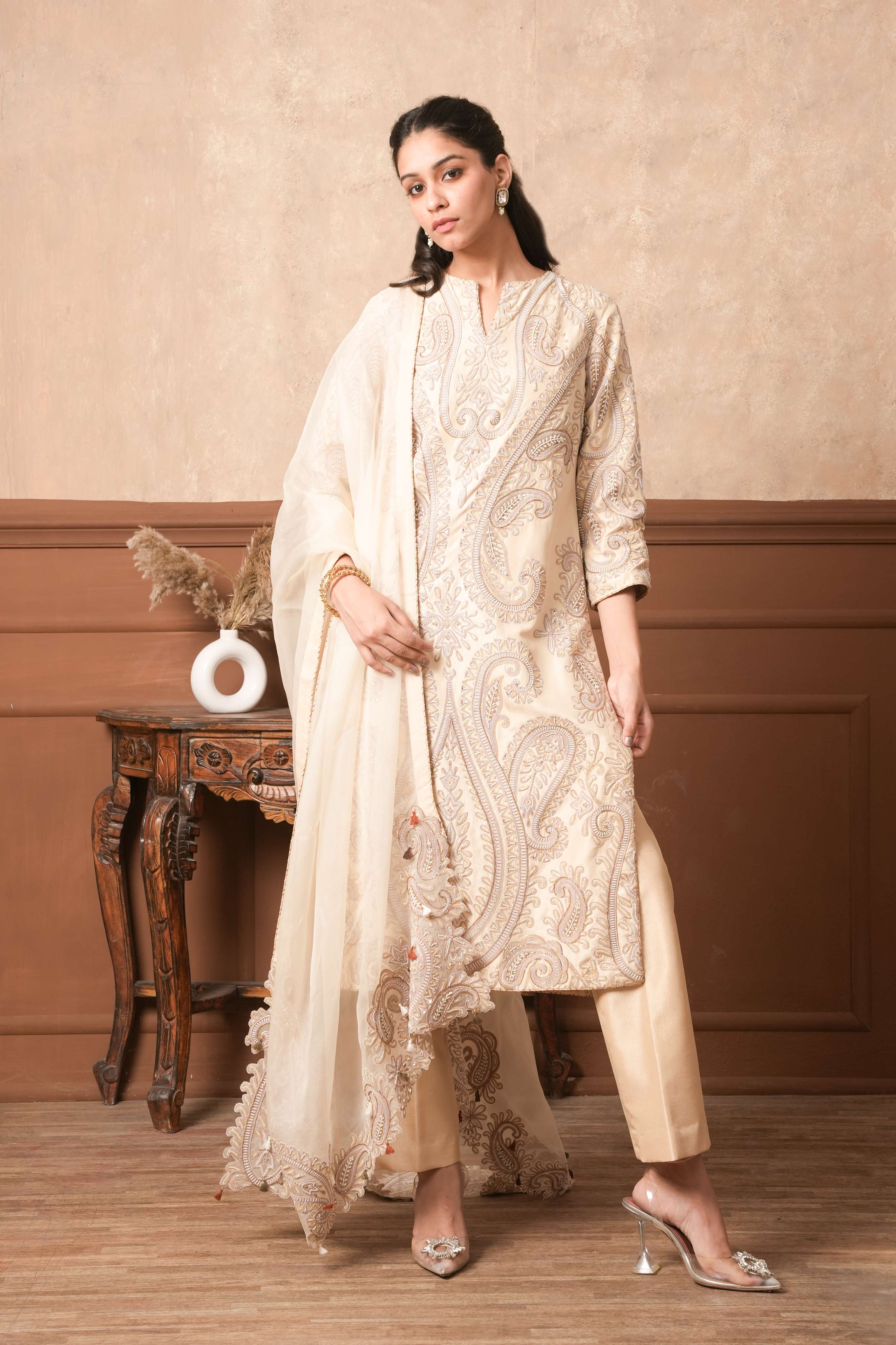 Ivory Heirloom Silk Kurta Set with Intricate Hand-Done Dori Embroidery