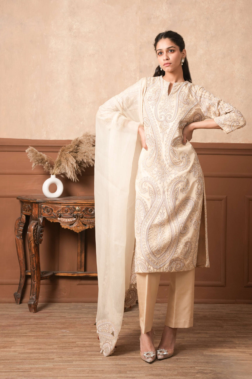 Ivory Heirloom Silk Kurta Set with Intricate Hand-Done Dori Embroidery