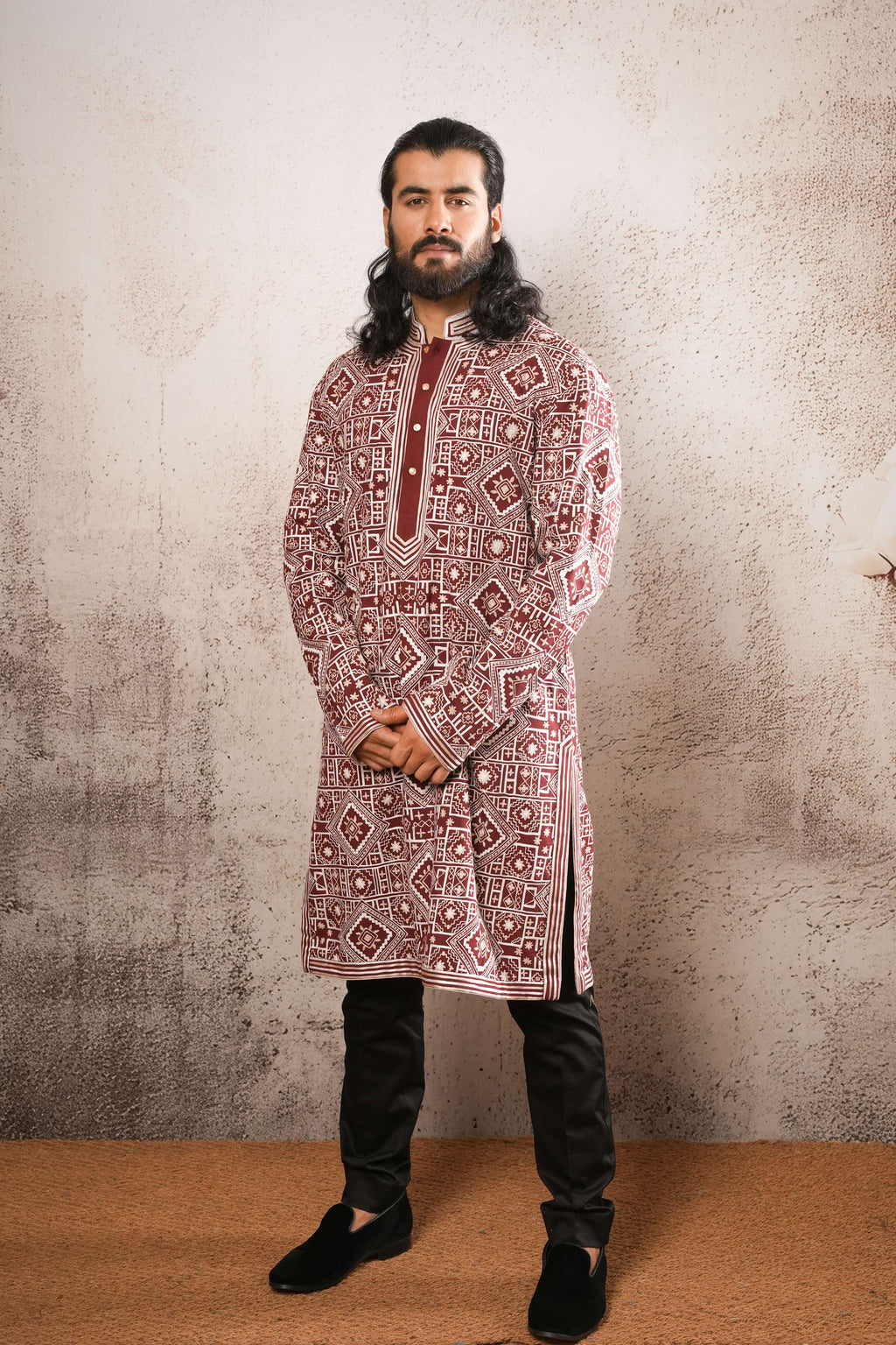 Maroon & Ivory Aari Fully Embroidered Kurta