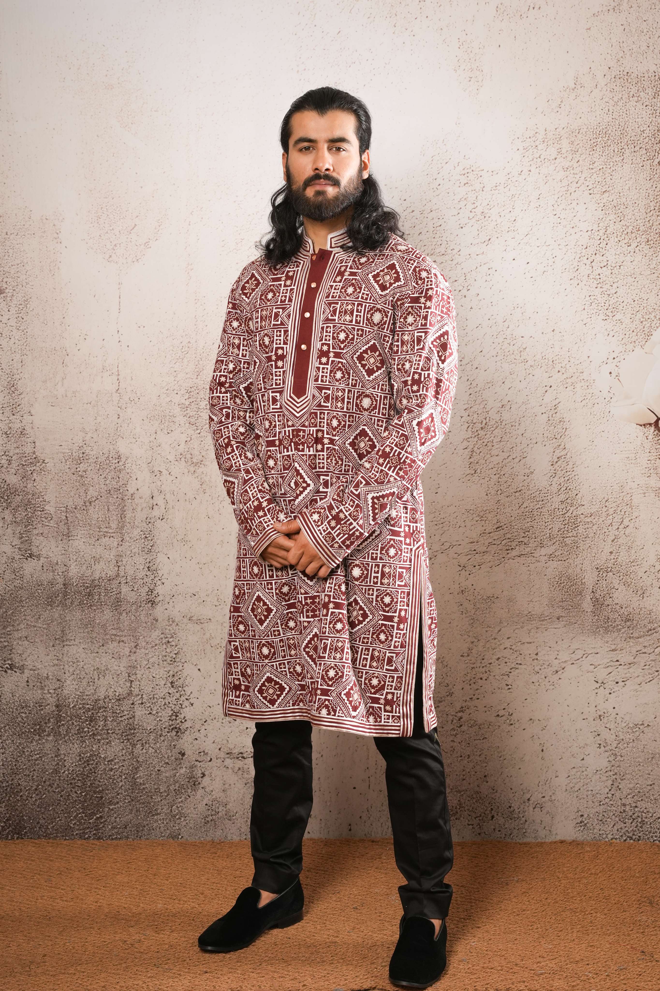 Maroon & Ivory Aari Fully Embroidered Kurta