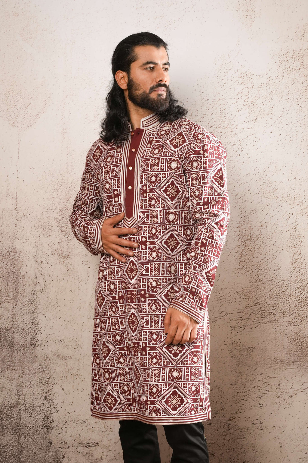 Maroon & Ivory Aari Fully Embroidered Kurta