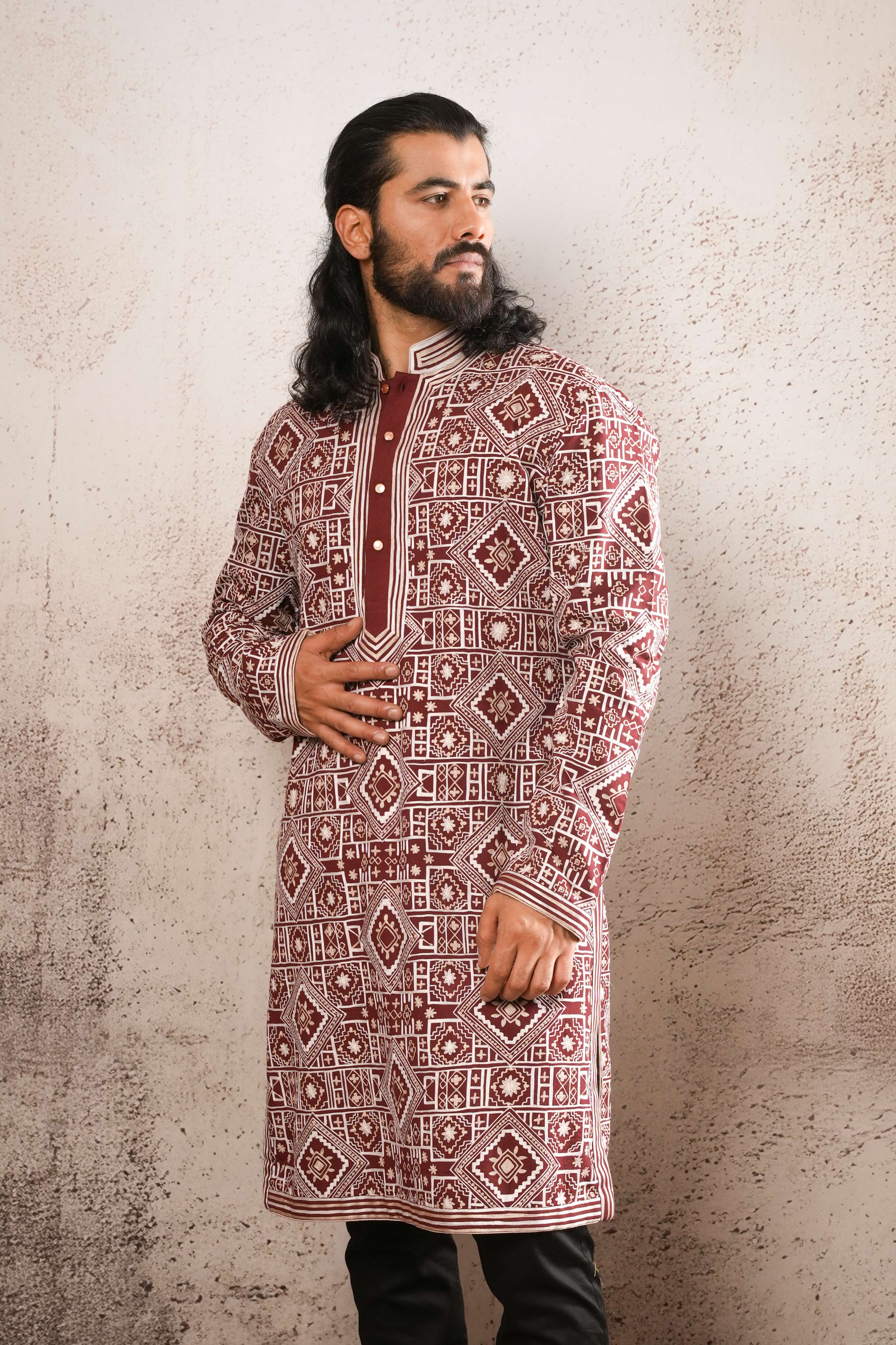 Maroon & Ivory Aari Fully Embroidered Kurta