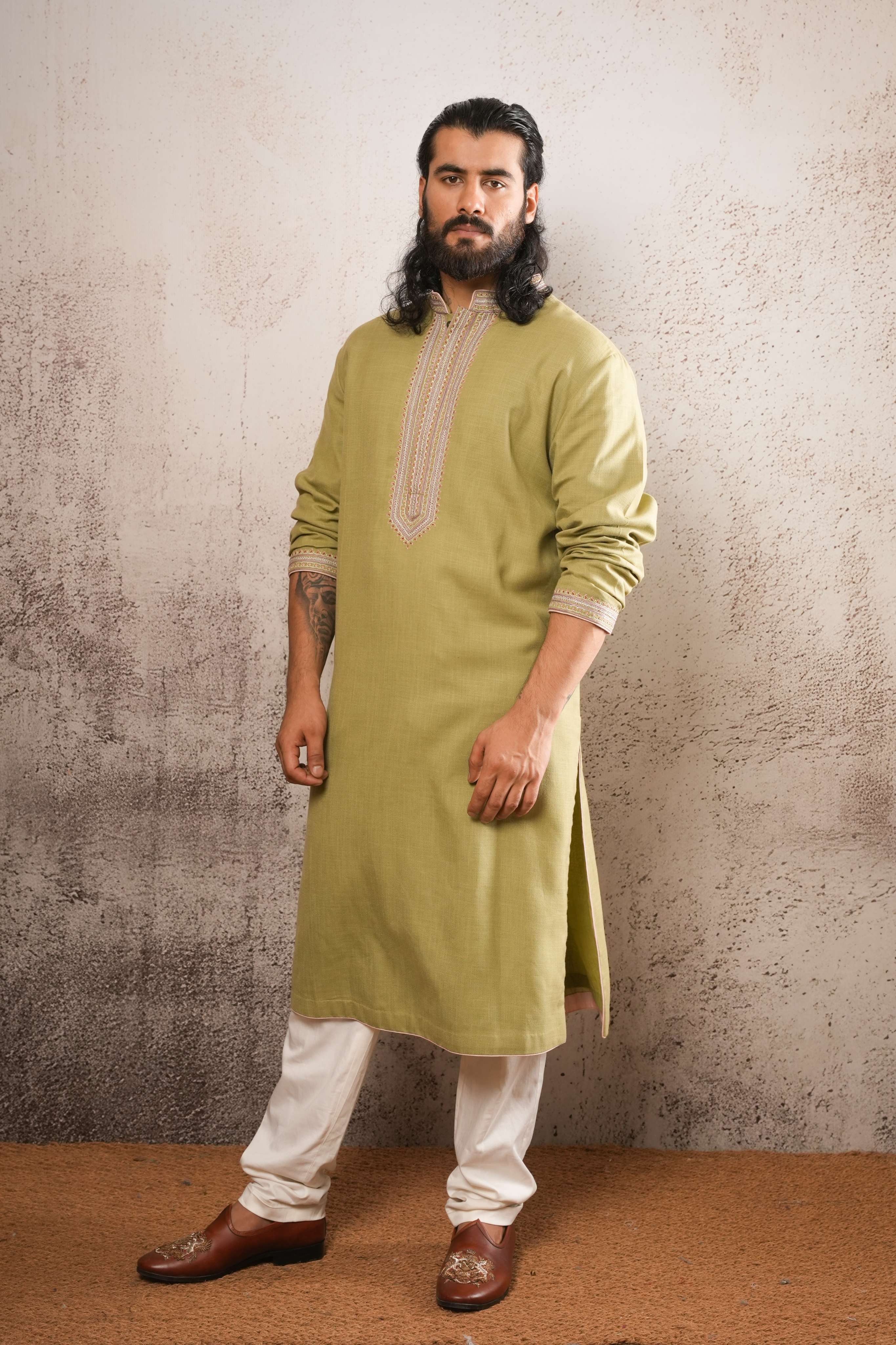 Sage Green Kurta with Dori Embroidered Neckline