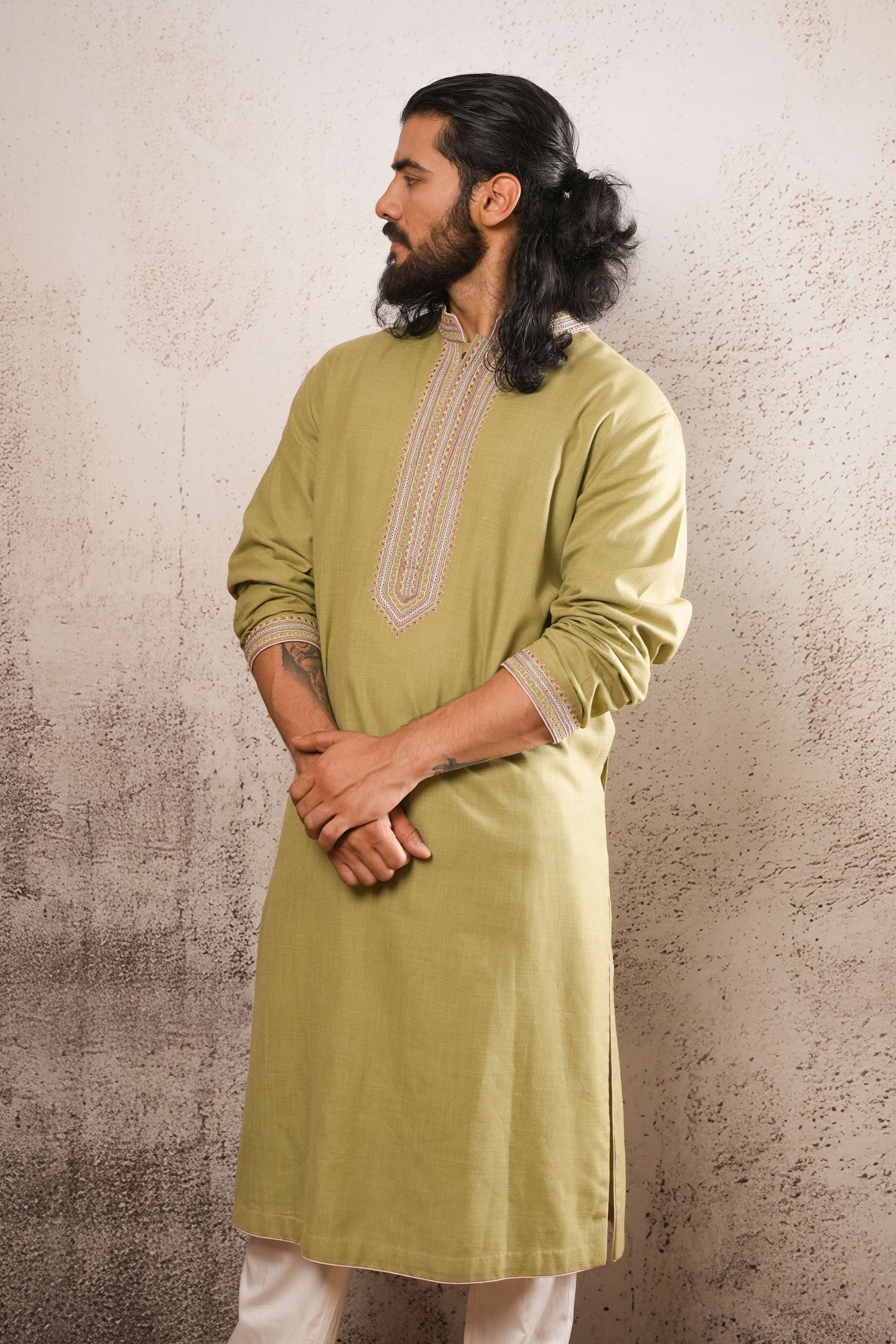 Sage Green Kurta with Dori Embroidered Neckline