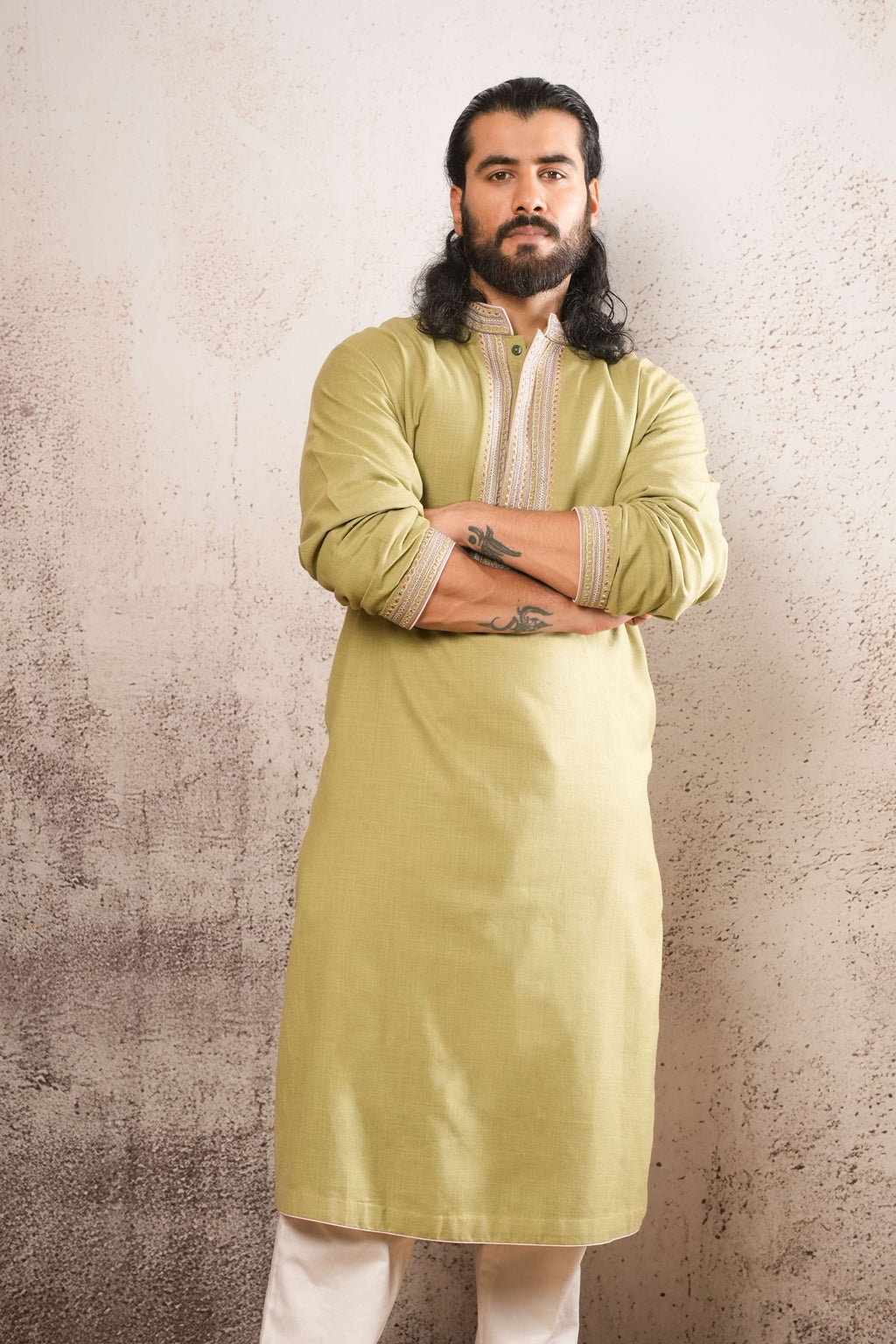 Sage Green Kurta with Dori Embroidered Neckline