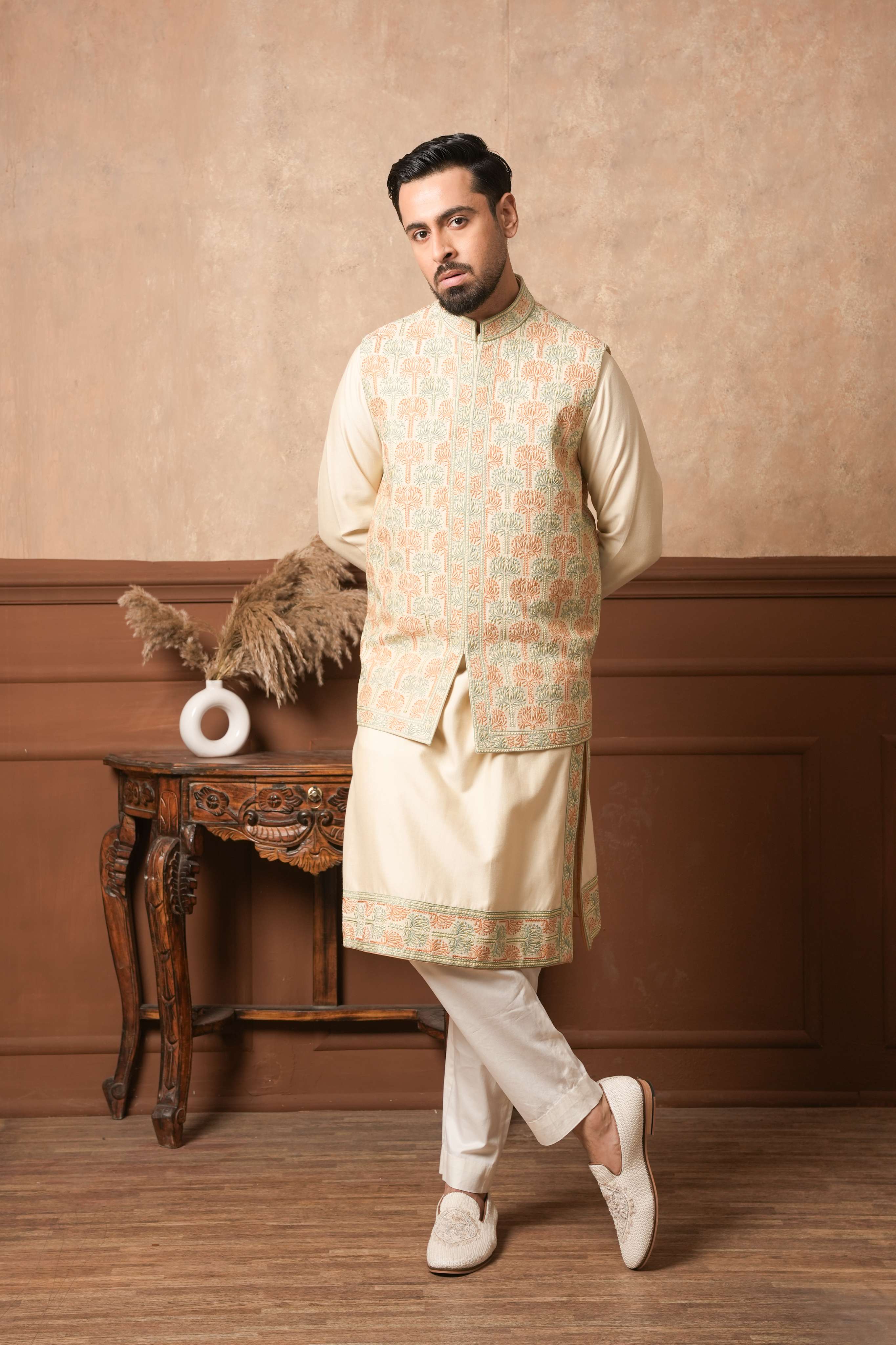 The Sandstone Silk Kurta with Embroidered Placket