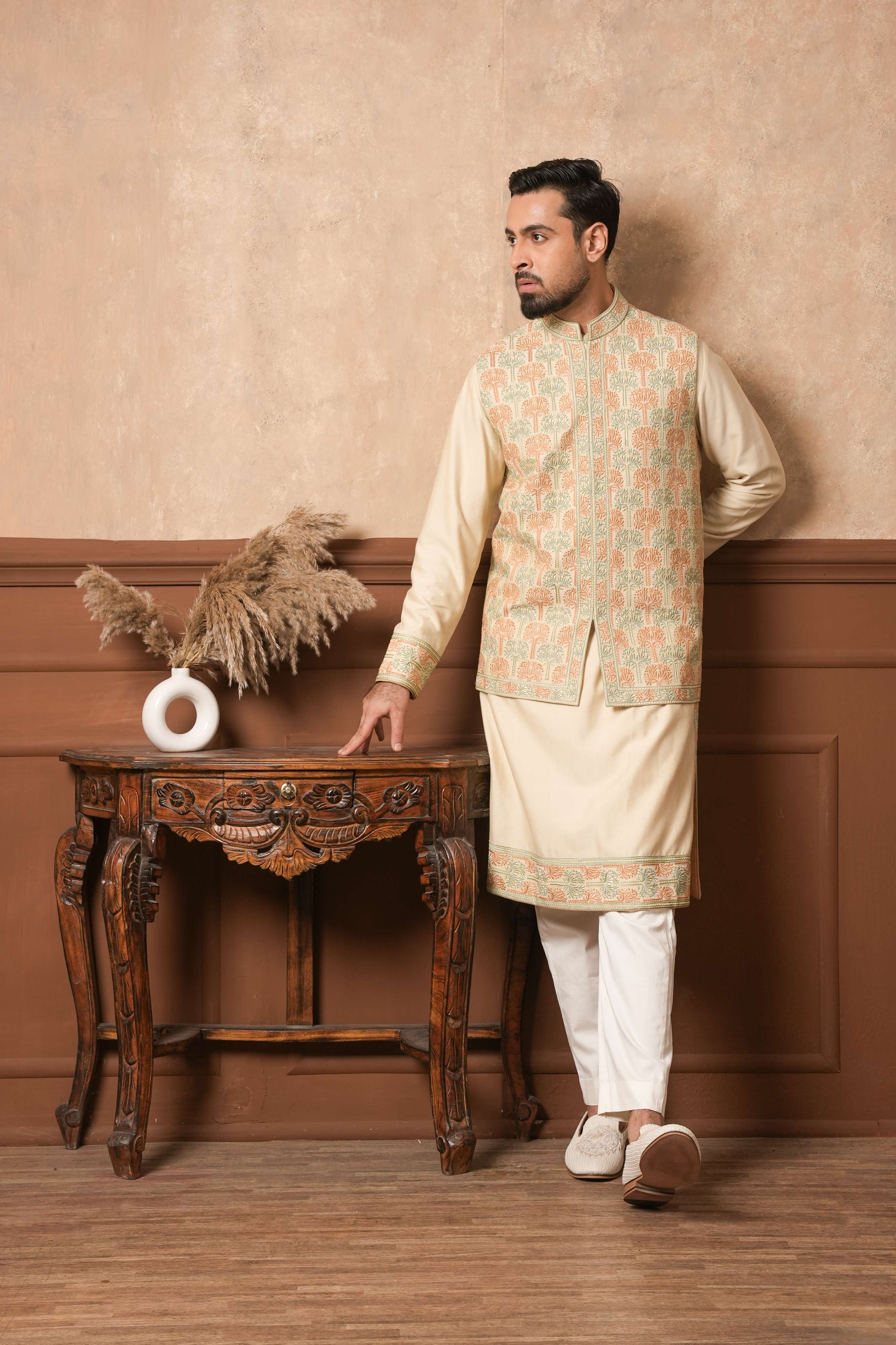 The Sandstone Silk Kurta with Embroidered Placket