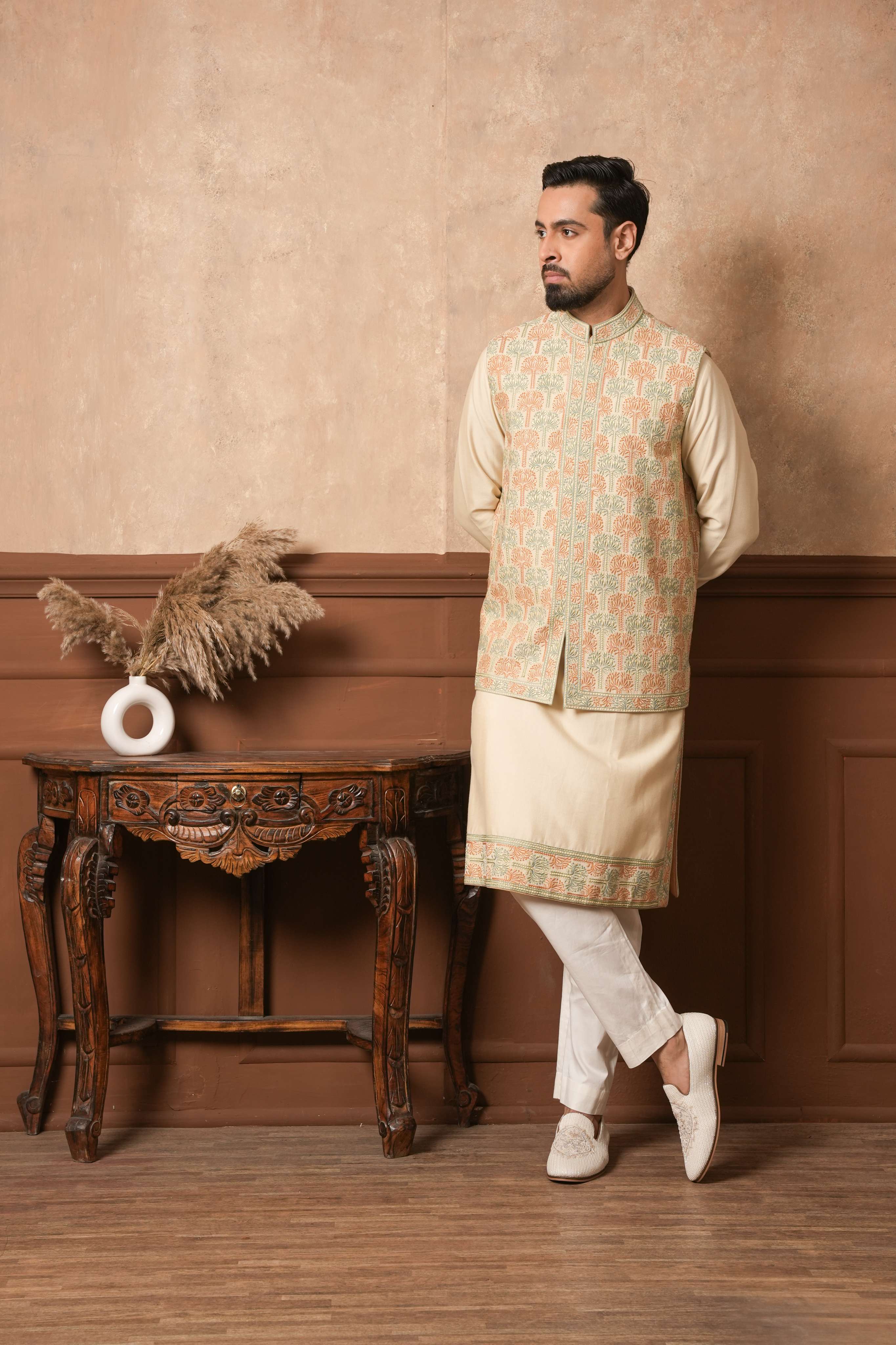 The Sandstone Silk Kurta with Embroidered Placket