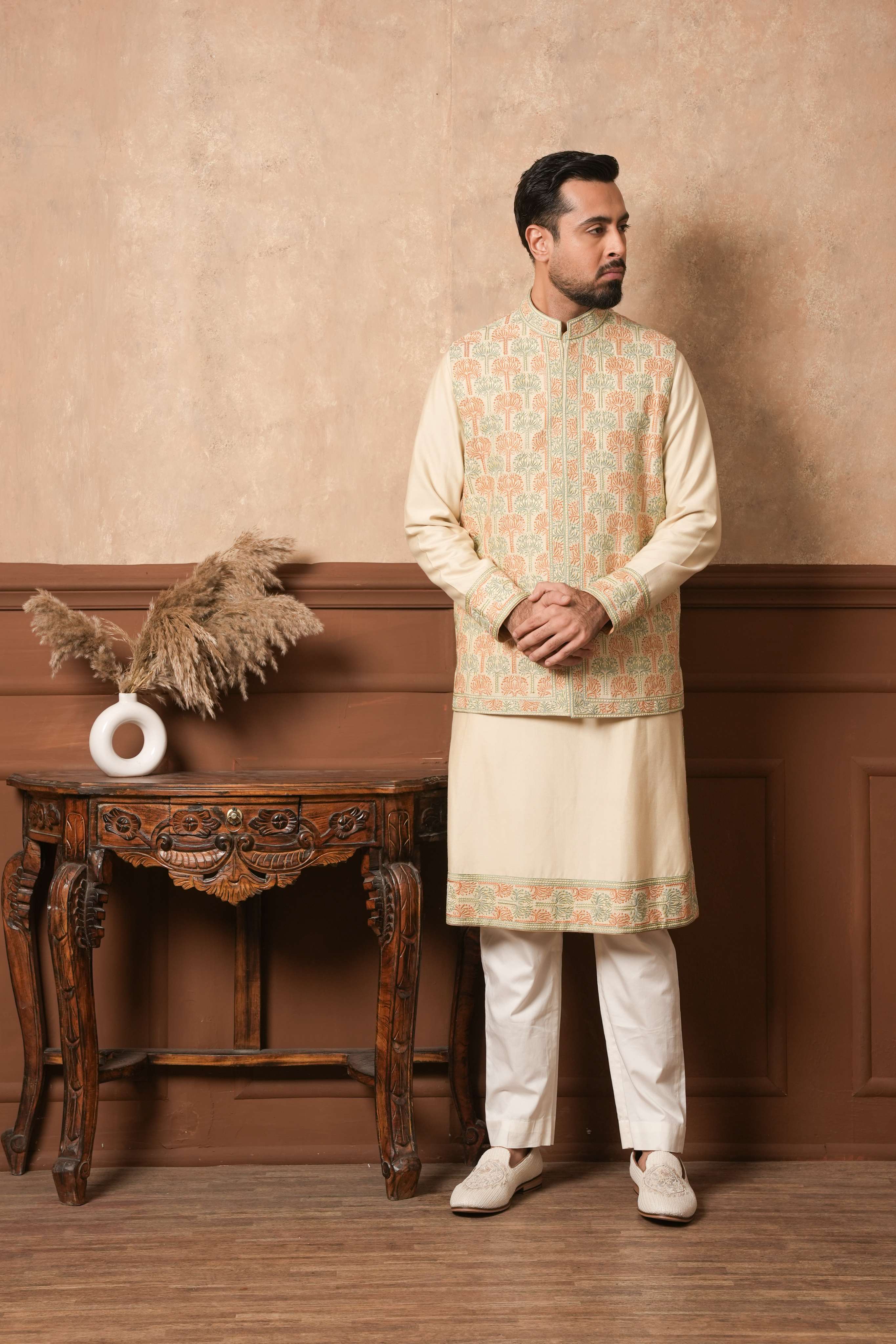 The Sandstone Silk Kurta with Embroidered Placket