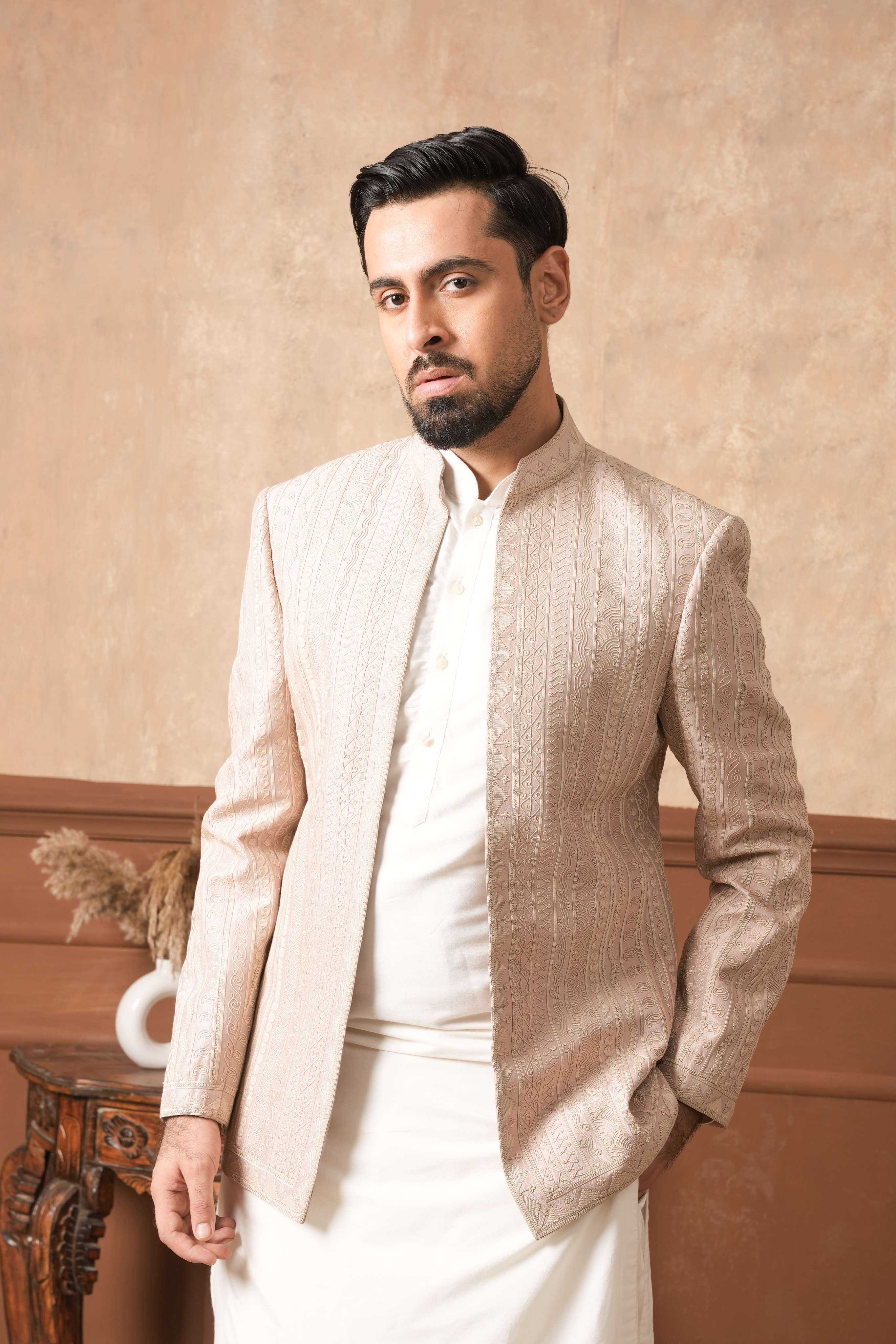 Champagne Jawahar Jacket with Linear Dori Work