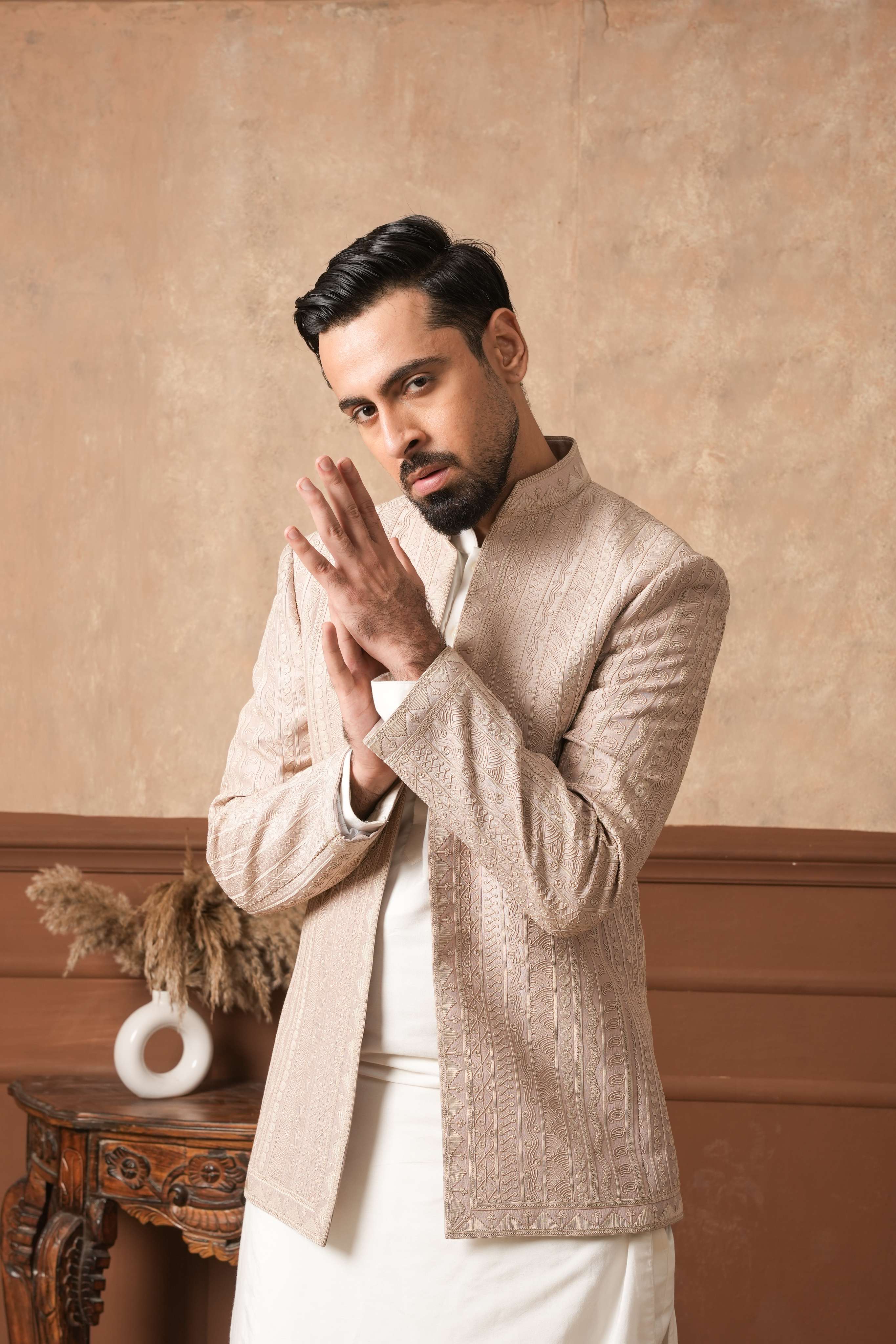 Champagne Jawahar Jacket with Linear Dori Work