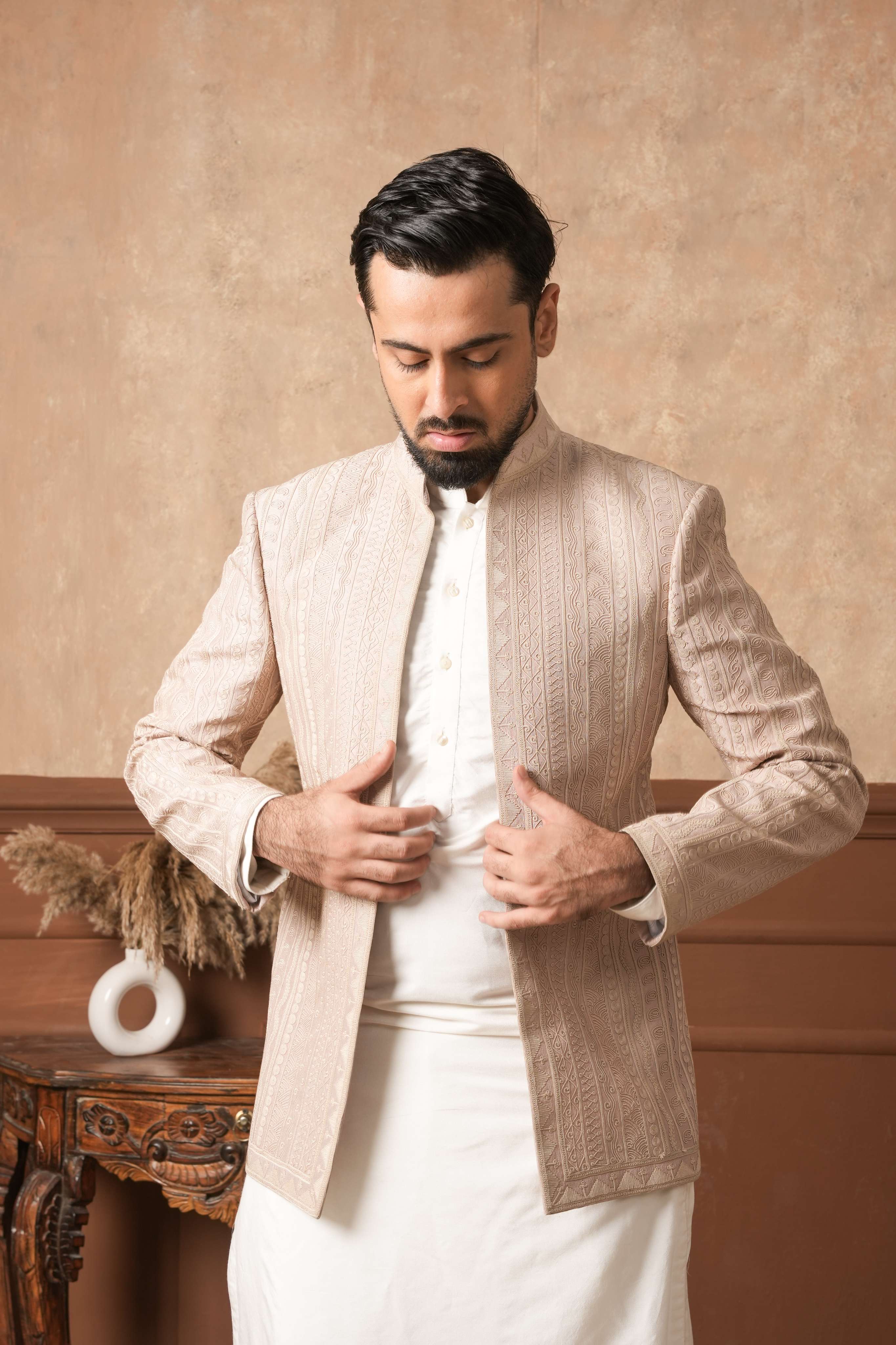Champagne Jawahar Jacket with Linear Dori Work
