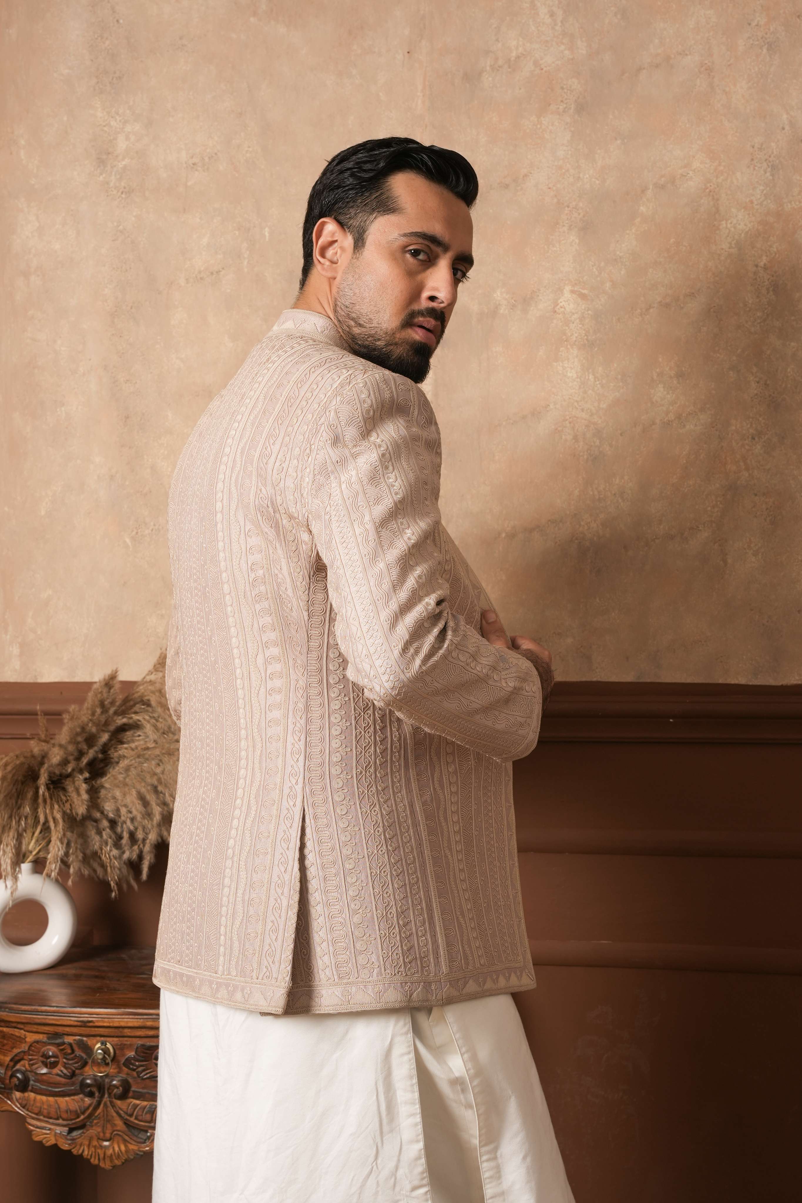Champagne Jawahar Jacket with Linear Dori Work